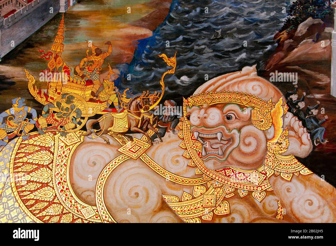 Il Ramayana è una storia vecchia quanto il tempo e - almeno nel subcontinente indiano e attraverso gran parte del sud-est asiatico - di popolarità senza pari. Più di duemila trecento anni fa lo studioso-poeta Valmiki si sedette a scrivere la sua epica definitiva di amore e di guerra. Il poema Valmiki composto è stato progettato il Ramayana, o 'Romance of Rama' in Sanscrito. Nella sua forma attuale, la versione sanscrita consiste di circa 24.000 coppie divise in sette libri. Il Ramakien è la versione tailandese di questo epico e ha un'influenza importante sulla letteratura, l'arte e il dramma tailandese. E' considerata la Nationa Foto Stock