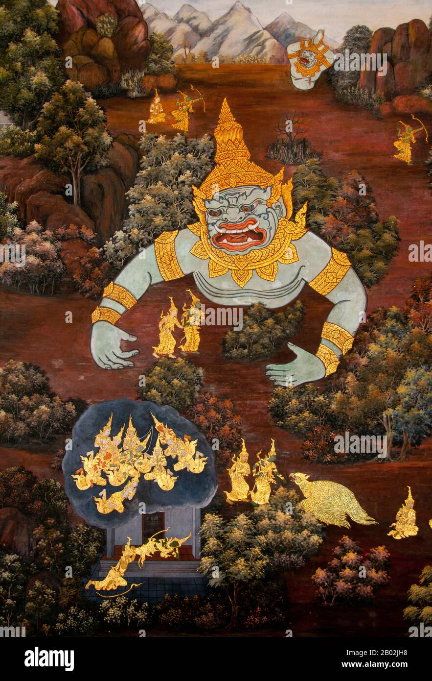 Il Ramayana è una storia vecchia quanto il tempo e - almeno nel subcontinente indiano e attraverso gran parte del sud-est asiatico - di popolarità senza pari. Più di duemila trecento anni fa lo studioso-poeta Valmiki si sedette a scrivere la sua epica definitiva di amore e di guerra. Il poema Valmiki composto è stato progettato il Ramayana, o 'Romance of Rama' in Sanscrito. Nella sua forma attuale, la versione sanscrita consiste di circa 24.000 coppie divise in sette libri. Il Ramakien è la versione tailandese di questo epico e ha un'influenza importante sulla letteratura, l'arte e il dramma tailandese. E' considerata la Nationa Foto Stock