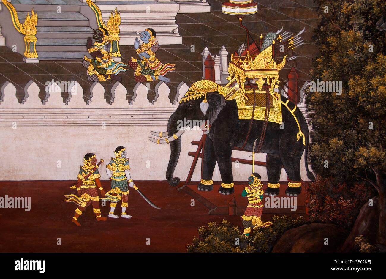 Il Ramayana è una storia vecchia quanto il tempo e - almeno nel subcontinente indiano e attraverso gran parte del sud-est asiatico - di popolarità senza pari. Più di duemila trecento anni fa lo studioso-poeta Valmiki si sedette a scrivere la sua epica definitiva di amore e di guerra. Il poema Valmiki composto è stato progettato il Ramayana, o 'Romance of Rama' in Sanscrito. Nella sua forma attuale, la versione sanscrita consiste di circa 24.000 coppie divise in sette libri. Il Ramakien è la versione tailandese di questo epico e ha un'influenza importante sulla letteratura, l'arte e il dramma tailandese. E' considerata la Nationa Foto Stock