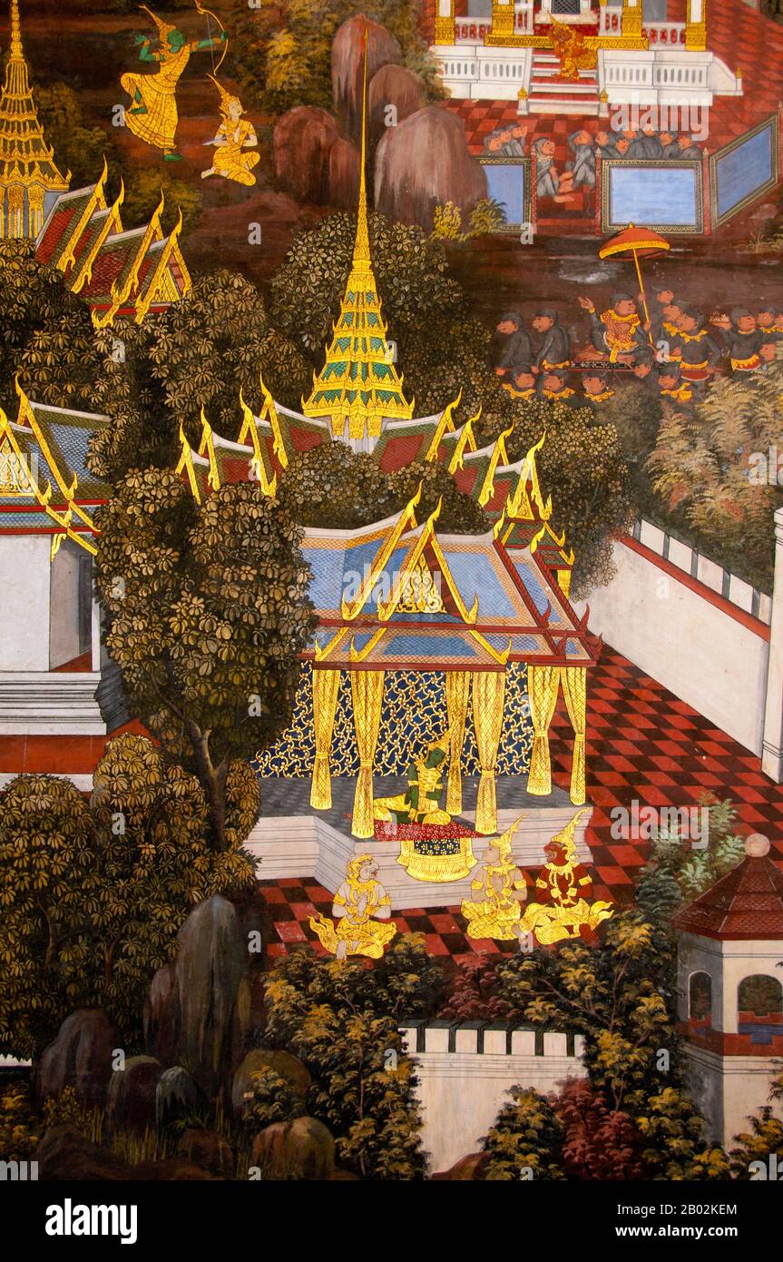 Il Ramayana è una storia vecchia quanto il tempo e - almeno nel subcontinente indiano e attraverso gran parte del sud-est asiatico - di popolarità senza pari. Più di duemila trecento anni fa lo studioso-poeta Valmiki si sedette a scrivere la sua epica definitiva di amore e di guerra. Il poema Valmiki composto è stato progettato il Ramayana, o 'Romance of Rama' in Sanscrito. Nella sua forma attuale, la versione sanscrita consiste di circa 24.000 coppie divise in sette libri. Il Ramakien è la versione tailandese di questo epico e ha un'influenza importante sulla letteratura, l'arte e il dramma tailandese. E' considerata la Nationa Foto Stock