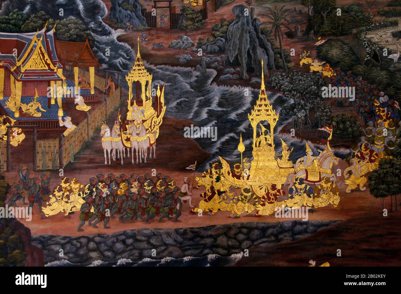 Il Ramayana è una storia vecchia quanto il tempo e - almeno nel subcontinente indiano e attraverso gran parte del sud-est asiatico - di popolarità senza pari. Più di duemila trecento anni fa lo studioso-poeta Valmiki si sedette a scrivere la sua epica definitiva di amore e di guerra. Il poema Valmiki composto è stato progettato il Ramayana, o 'Romance of Rama' in Sanscrito. Nella sua forma attuale, la versione sanscrita consiste di circa 24.000 coppie divise in sette libri. Il Ramakien è la versione tailandese di questo epico e ha un'influenza importante sulla letteratura, l'arte e il dramma tailandese. E' considerata la Nationa Foto Stock