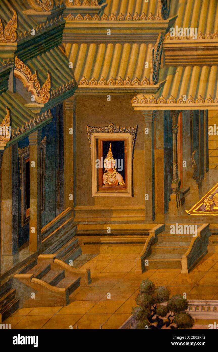 Il Ramayana è una storia vecchia quanto il tempo e - almeno nel subcontinente indiano e attraverso gran parte del sud-est asiatico - di popolarità senza pari. Più di duemila trecento anni fa lo studioso-poeta Valmiki si sedette a scrivere la sua epica definitiva di amore e di guerra. Il poema Valmiki composto è stato progettato il Ramayana, o 'Romance of Rama' in Sanscrito. Nella sua forma attuale, la versione sanscrita consiste di circa 24.000 coppie divise in sette libri. Il Ramakien è la versione tailandese di questo epico e ha un'influenza importante sulla letteratura, l'arte e il dramma tailandese. E' considerata la Nationa Foto Stock