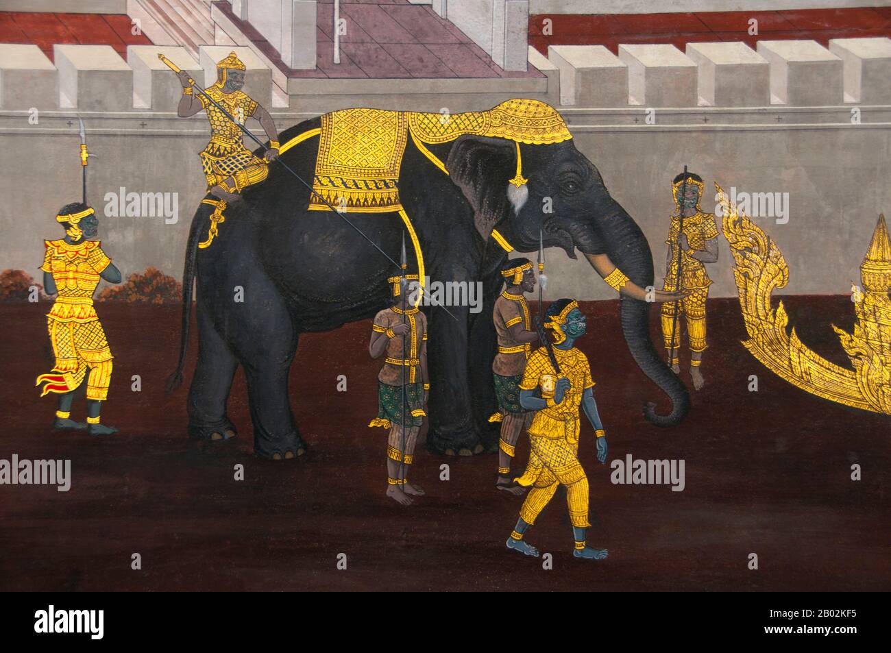 Il Ramayana è una storia vecchia quanto il tempo e - almeno nel subcontinente indiano e attraverso gran parte del sud-est asiatico - di popolarità senza pari. Più di duemila trecento anni fa lo studioso-poeta Valmiki si sedette a scrivere la sua epica definitiva di amore e di guerra. Il poema Valmiki composto è stato progettato il Ramayana, o 'Romance of Rama' in Sanscrito. Nella sua forma attuale, la versione sanscrita consiste di circa 24.000 coppie divise in sette libri. Il Ramakien è la versione tailandese di questo epico e ha un'influenza importante sulla letteratura, l'arte e il dramma tailandese. E' considerata la Nationa Foto Stock