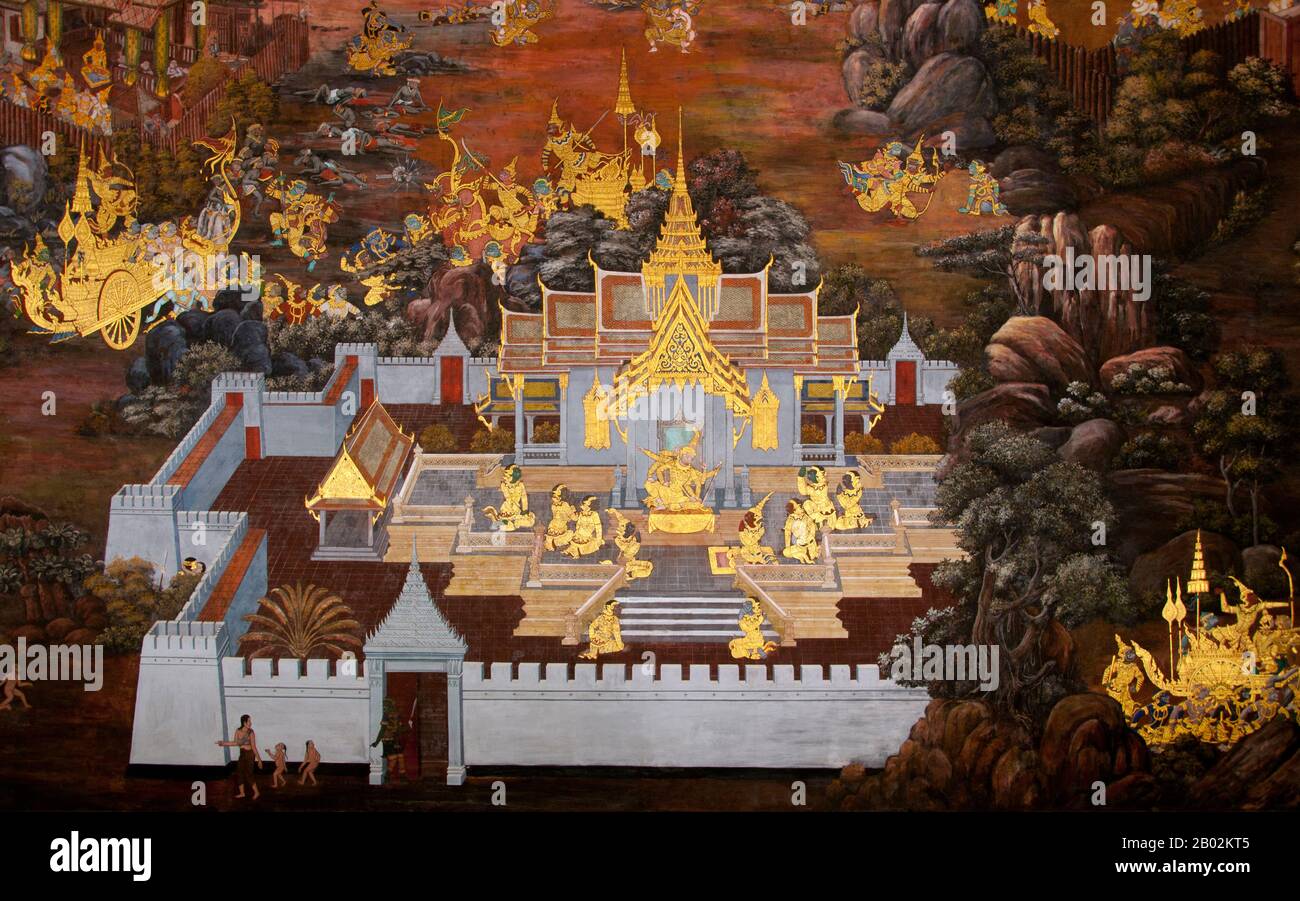 Il Ramayana è una storia vecchia quanto il tempo e - almeno nel subcontinente indiano e attraverso gran parte del sud-est asiatico - di popolarità senza pari. Più di duemila trecento anni fa lo studioso-poeta Valmiki si sedette a scrivere la sua epica definitiva di amore e di guerra. Il poema Valmiki composto è stato progettato il Ramayana, o 'Romance of Rama' in Sanscrito. Nella sua forma attuale, la versione sanscrita consiste di circa 24.000 coppie divise in sette libri. Il Ramakien è la versione tailandese di questo epico e ha un'influenza importante sulla letteratura, l'arte e il dramma tailandese. E' considerata la Nationa Foto Stock