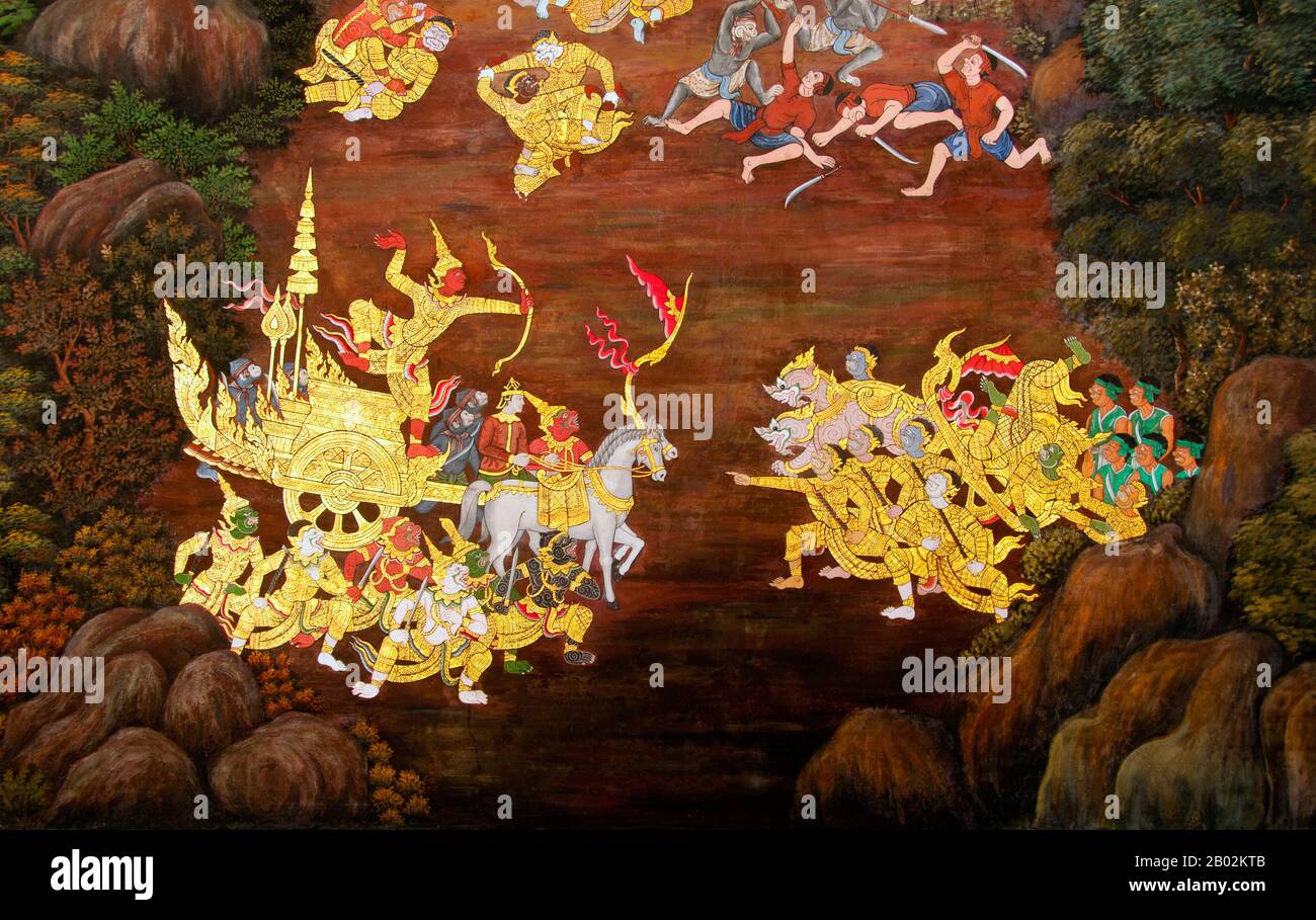 Il Ramayana è una storia vecchia quanto il tempo e - almeno nel subcontinente indiano e attraverso gran parte del sud-est asiatico - di popolarità senza pari. Più di duemila trecento anni fa lo studioso-poeta Valmiki si sedette a scrivere la sua epica definitiva di amore e di guerra. Il poema Valmiki composto è stato progettato il Ramayana, o 'Romance of Rama' in Sanscrito. Nella sua forma attuale, la versione sanscrita consiste di circa 24.000 coppie divise in sette libri. Il Ramakien è la versione tailandese di questo epico e ha un'influenza importante sulla letteratura, l'arte e il dramma tailandese. E' considerata la Nationa Foto Stock