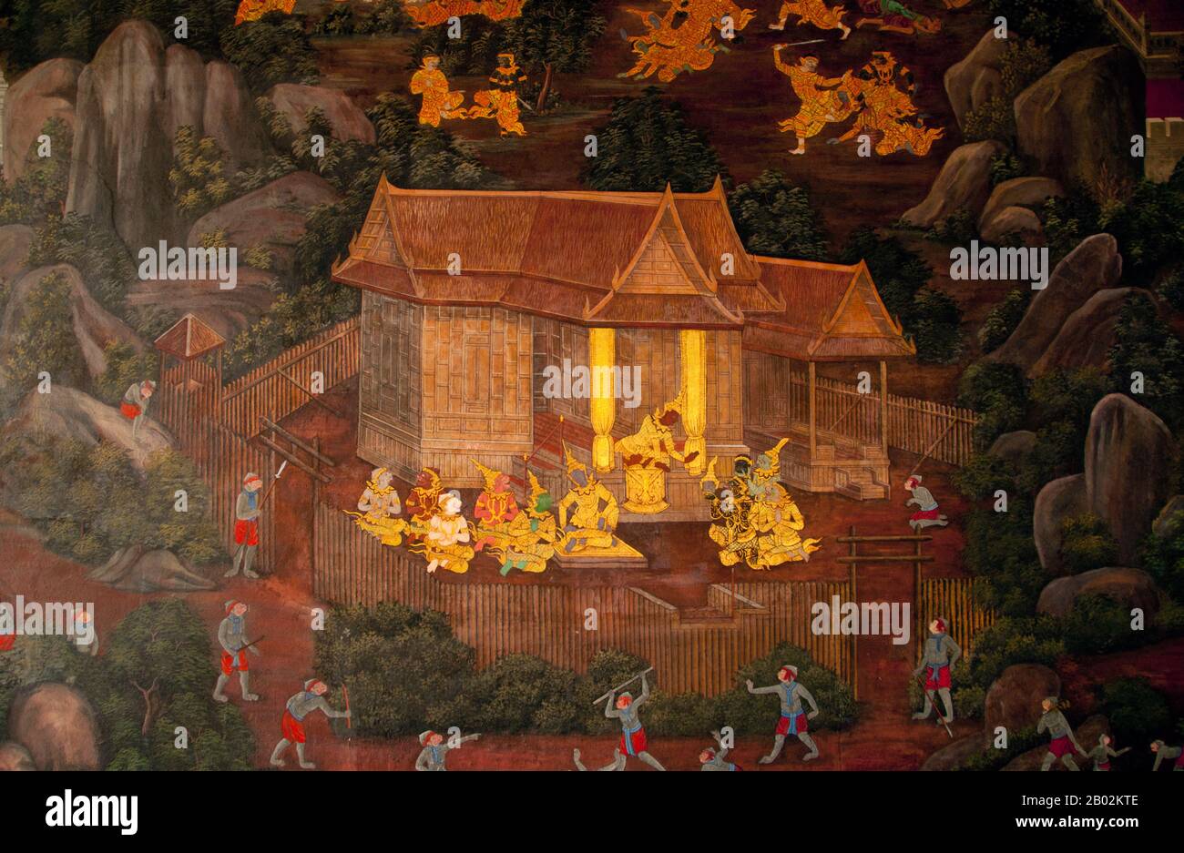 Il Ramayana è una storia vecchia quanto il tempo e - almeno nel subcontinente indiano e attraverso gran parte del sud-est asiatico - di popolarità senza pari. Più di duemila trecento anni fa lo studioso-poeta Valmiki si sedette a scrivere la sua epica definitiva di amore e di guerra. Il poema Valmiki composto è stato progettato il Ramayana, o 'Romance of Rama' in Sanscrito. Nella sua forma attuale, la versione sanscrita consiste di circa 24.000 coppie divise in sette libri. Il Ramakien è la versione tailandese di questo epico e ha un'influenza importante sulla letteratura, l'arte e il dramma tailandese. E' considerata la Nationa Foto Stock