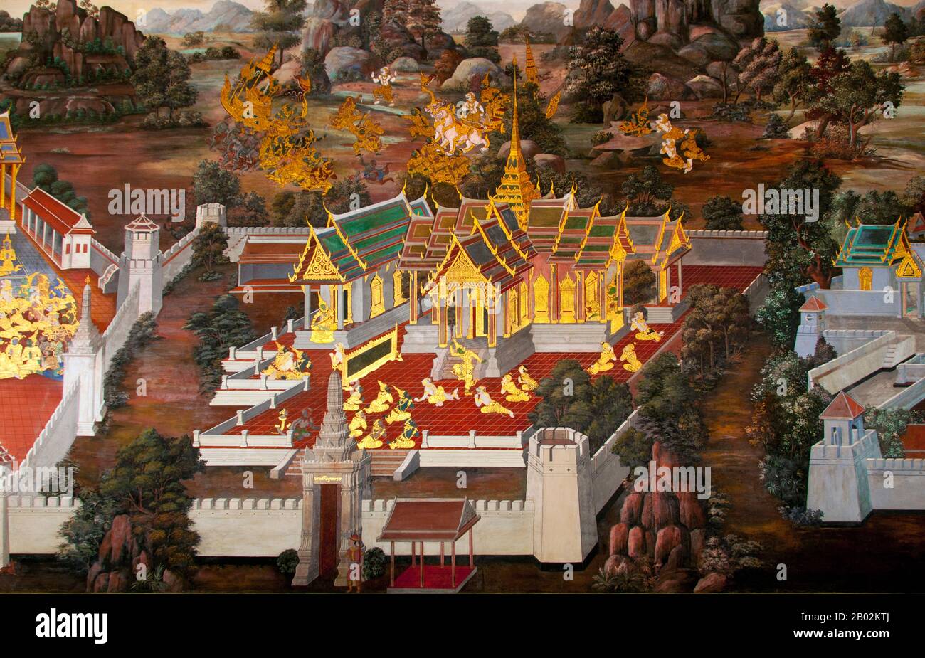 Il Ramayana è una storia vecchia quanto il tempo e - almeno nel subcontinente indiano e attraverso gran parte del sud-est asiatico - di popolarità senza pari. Più di duemila trecento anni fa lo studioso-poeta Valmiki si sedette a scrivere la sua epica definitiva di amore e di guerra. Il poema Valmiki composto è stato progettato il Ramayana, o 'Romance of Rama' in Sanscrito. Nella sua forma attuale, la versione sanscrita consiste di circa 24.000 coppie divise in sette libri. Il Ramakien è la versione tailandese di questo epico e ha un'influenza importante sulla letteratura, l'arte e il dramma tailandese. E' considerata la Nationa Foto Stock