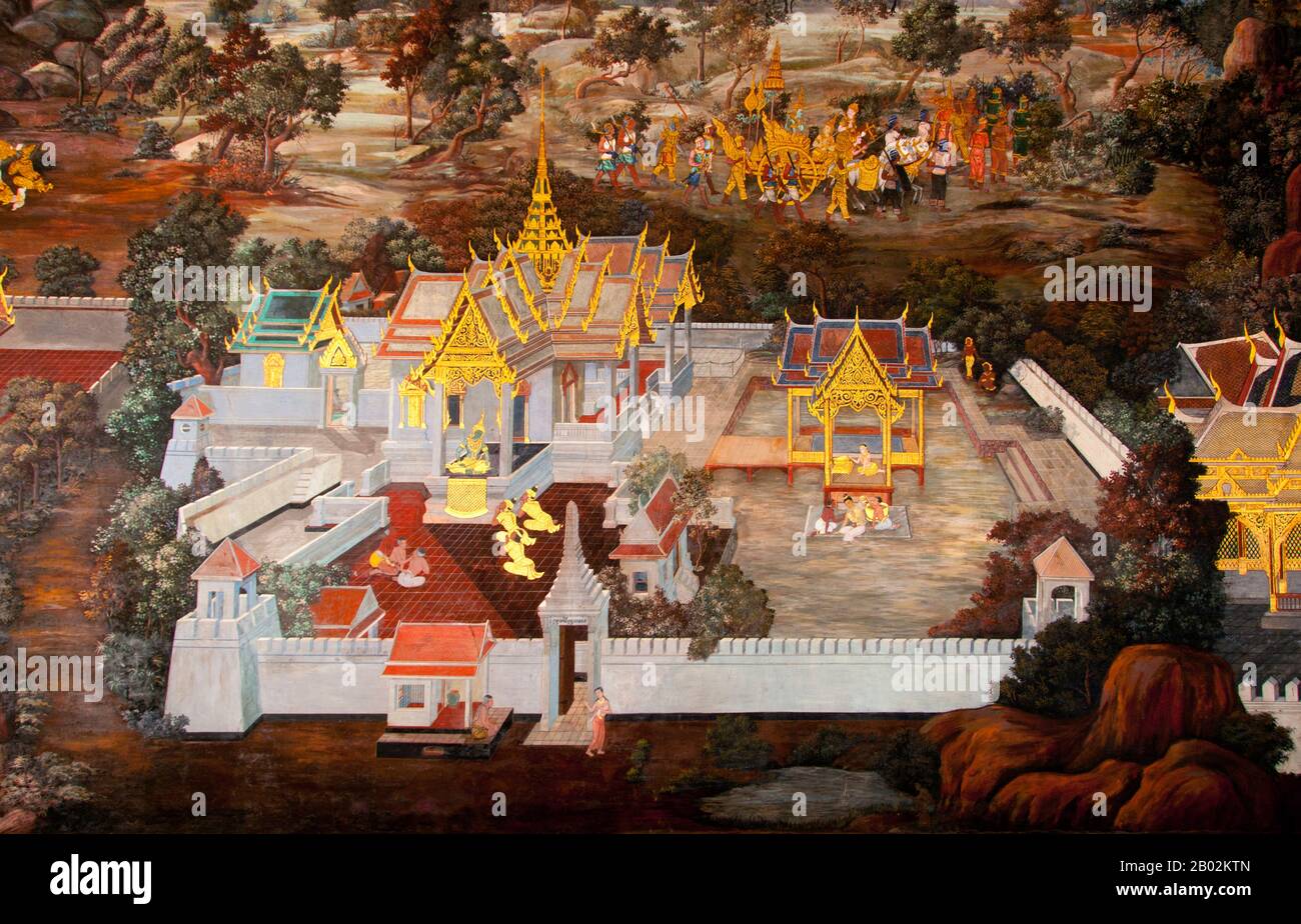 Il Ramayana è una storia vecchia quanto il tempo e - almeno nel subcontinente indiano e attraverso gran parte del sud-est asiatico - di popolarità senza pari. Più di duemila trecento anni fa lo studioso-poeta Valmiki si sedette a scrivere la sua epica definitiva di amore e di guerra. Il poema Valmiki composto è stato progettato il Ramayana, o 'Romance of Rama' in Sanscrito. Nella sua forma attuale, la versione sanscrita consiste di circa 24.000 coppie divise in sette libri. Il Ramakien è la versione tailandese di questo epico e ha un'influenza importante sulla letteratura, l'arte e il dramma tailandese. E' considerata la Nationa Foto Stock