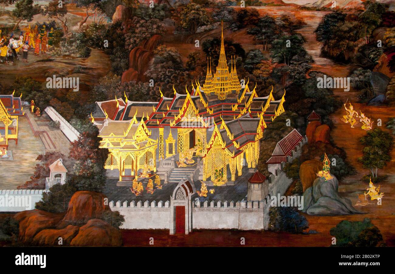 Il Ramayana è una storia vecchia quanto il tempo e - almeno nel subcontinente indiano e attraverso gran parte del sud-est asiatico - di popolarità senza pari. Più di duemila trecento anni fa lo studioso-poeta Valmiki si sedette a scrivere la sua epica definitiva di amore e di guerra. Il poema Valmiki composto è stato progettato il Ramayana, o 'Romance of Rama' in Sanscrito. Nella sua forma attuale, la versione sanscrita consiste di circa 24.000 coppie divise in sette libri. Il Ramakien è la versione tailandese di questo epico e ha un'influenza importante sulla letteratura, l'arte e il dramma tailandese. E' considerata la Nationa Foto Stock