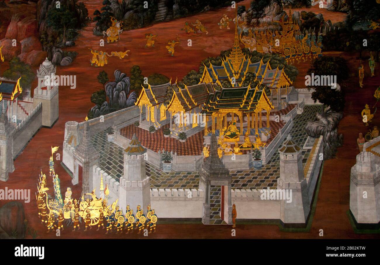 Il Ramayana è una storia vecchia quanto il tempo e - almeno nel subcontinente indiano e attraverso gran parte del sud-est asiatico - di popolarità senza pari. Più di duemila trecento anni fa lo studioso-poeta Valmiki si sedette a scrivere la sua epica definitiva di amore e di guerra. Il poema Valmiki composto è stato progettato il Ramayana, o 'Romance of Rama' in Sanscrito. Nella sua forma attuale, la versione sanscrita consiste di circa 24.000 coppie divise in sette libri. Il Ramakien è la versione tailandese di questo epico e ha un'influenza importante sulla letteratura, l'arte e il dramma tailandese. E' considerata la Nationa Foto Stock