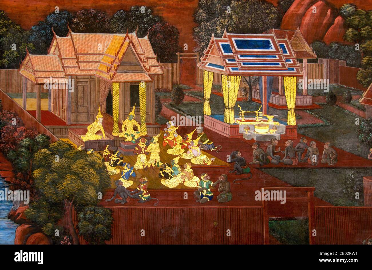 Il Ramayana è una storia vecchia quanto il tempo e - almeno nel subcontinente indiano e attraverso gran parte del sud-est asiatico - di popolarità senza pari. Più di duemila trecento anni fa lo studioso-poeta Valmiki si sedette a scrivere la sua epica definitiva di amore e di guerra. Il poema Valmiki composto è stato progettato il Ramayana, o 'Romance of Rama' in Sanscrito. Nella sua forma attuale, la versione sanscrita consiste di circa 24.000 coppie divise in sette libri. Il Ramakien è la versione tailandese di questo epico e ha un'influenza importante sulla letteratura, l'arte e il dramma tailandese. E' considerata la Nationa Foto Stock