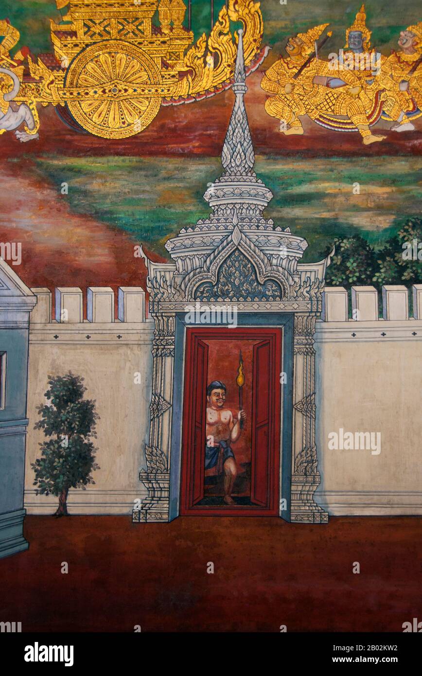 Il Ramayana è una storia vecchia quanto il tempo e - almeno nel subcontinente indiano e attraverso gran parte del sud-est asiatico - di popolarità senza pari. Più di duemila trecento anni fa lo studioso-poeta Valmiki si sedette a scrivere la sua epica definitiva di amore e di guerra. Il poema Valmiki composto è stato progettato il Ramayana, o 'Romance of Rama' in Sanscrito. Nella sua forma attuale, la versione sanscrita consiste di circa 24.000 coppie divise in sette libri. Il Ramakien è la versione tailandese di questo epico e ha un'influenza importante sulla letteratura, l'arte e il dramma tailandese. E' considerata la Nationa Foto Stock