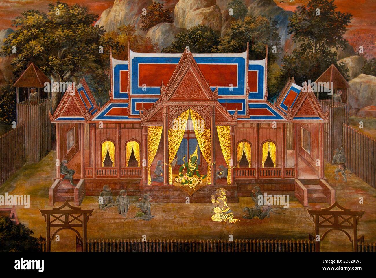 Il Ramayana è una storia vecchia quanto il tempo e - almeno nel subcontinente indiano e attraverso gran parte del sud-est asiatico - di popolarità senza pari. Più di duemila trecento anni fa lo studioso-poeta Valmiki si sedette a scrivere la sua epica definitiva di amore e di guerra. Il poema Valmiki composto è stato progettato il Ramayana, o 'Romance of Rama' in Sanscrito. Nella sua forma attuale, la versione sanscrita consiste di circa 24.000 coppie divise in sette libri. Il Ramakien è la versione tailandese di questo epico e ha un'influenza importante sulla letteratura, l'arte e il dramma tailandese. E' considerata la Nationa Foto Stock