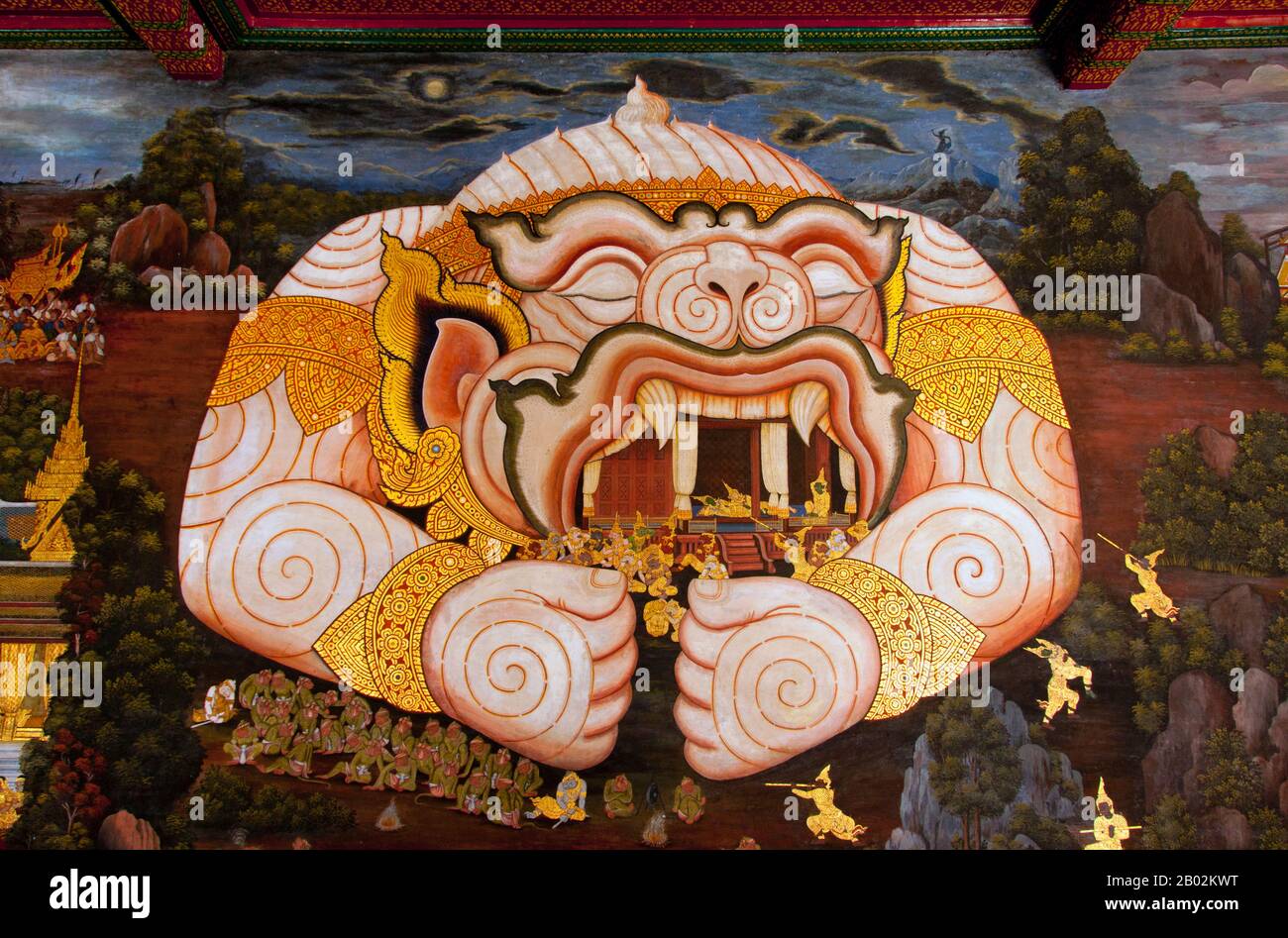 Il Ramayana è una storia vecchia quanto il tempo e - almeno nel subcontinente indiano e attraverso gran parte del sud-est asiatico - di popolarità senza pari. Più di duemila trecento anni fa lo studioso-poeta Valmiki si sedette a scrivere la sua epica definitiva di amore e di guerra. Il poema Valmiki composto è stato progettato il Ramayana, o 'Romance of Rama' in Sanscrito. Nella sua forma attuale, la versione sanscrita consiste di circa 24.000 coppie divise in sette libri. Il Ramakien è la versione tailandese di questo epico e ha un'influenza importante sulla letteratura, l'arte e il dramma tailandese. E' considerata la Nationa Foto Stock