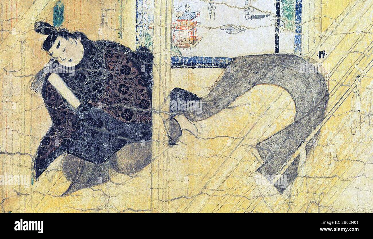 L'imperatore Seiwa (清和天皇 Seiwa-tennō, 850–878) fu l'imperatore 56th del Giappone, secondo l'ordine di successione tradizionale. Il regno di Seiwa ha attraversato gli anni dal 858 al 876. Ban Dainagon Ekotoba (伴大納言絵詞 il racconto del Grande Ministro Ban) è un emakimono del 12th secolo (dipinto a scorrimento) che illustra gli eventi della cospirazione di Ōtemmon, un evento del primo periodo Heian del Giappone. Il dipinto, attribuito a Tokiwa Mitsunaga, è lungo oltre 20m e alto circa 31,5 cm. Foto Stock