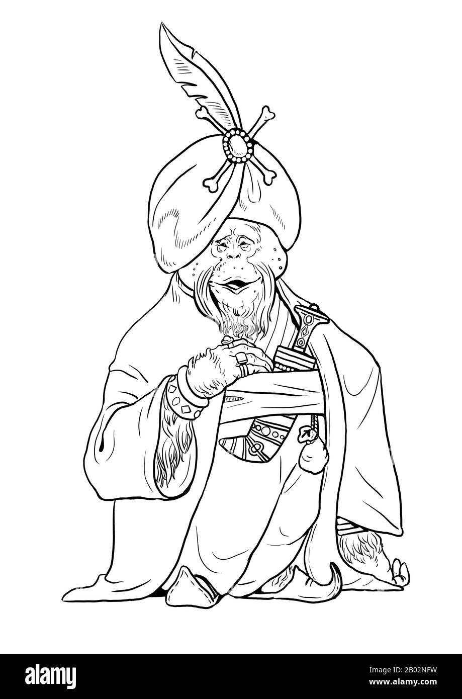 Orangutan con la pagina di colorazione della pistola. Illustrazione della clipart di contorno. Scimmia e scimmie pirati foglio di colorazione. Foto Stock