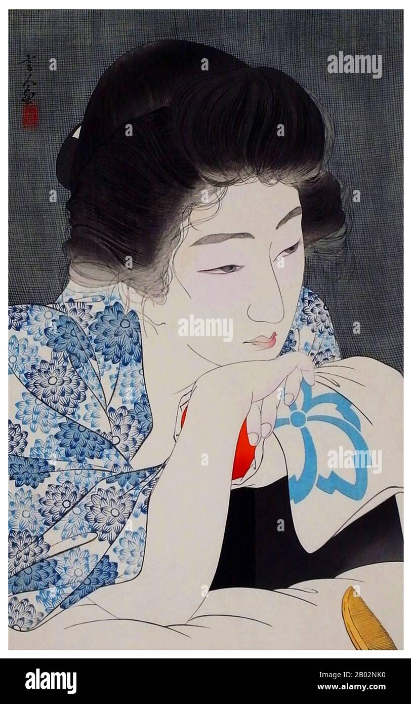 I torii Kotondo hanno realizzato solo 21 stampe - tutte immagini di bijin o belle donne. Appartengono alle opere d'arte più belle del movimento Shin Hanga. Shin hanga ('new prints') fu un movimento artistico nel Giappone dei primi anni del 20th secolo, durante i periodi di Taishō e Shōwa, che rivitalizzò l'arte tradizionale ukiyo-e radicata nei periodi di Edo e Meiji (17th-19th secolo). Il movimento fiorì intorno al 1915-1942, anche se riprese brevemente dal 1946 attraverso la 1950s. Ispirati dall'impressionismo europeo, gli artisti hanno incorporato elementi occidentali come gli effetti della luce e il Foto Stock