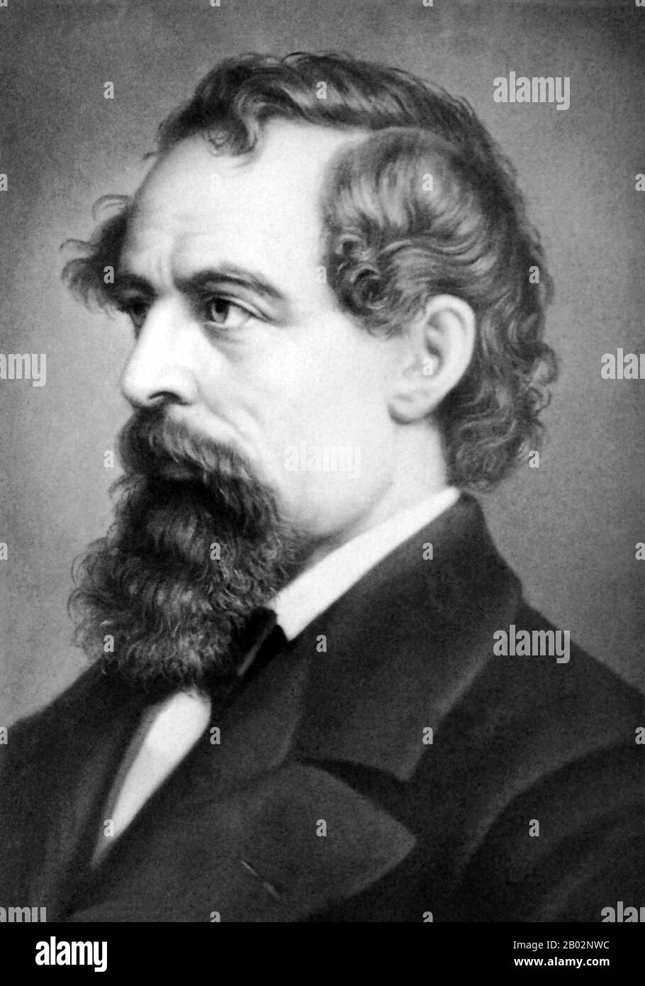 Charles John Huffam Dickens (7 febbraio 1812 – 9 giugno 1870) è stato uno scrittore inglese e critico sociale. Ha creato alcuni dei personaggi immaginari più conosciuti del mondo ed è generalmente considerato il più grande romanziere del periodo Vittoriano. Durante la sua vita, le sue opere godevano di una popolarità senza precedenti, e nel ventesimo secolo fu ampiamente visto come un genio letterario da critici e studiosi. I suoi romanzi e le sue brevi storie continuano ad essere molto popolari. Nato a Portsmouth, in Inghilterra, Dickens è stato costretto a lasciare la scuola per lavorare in una fabbrica quando suo padre è stato gettato nel carcere dei debitori. Altho Foto Stock