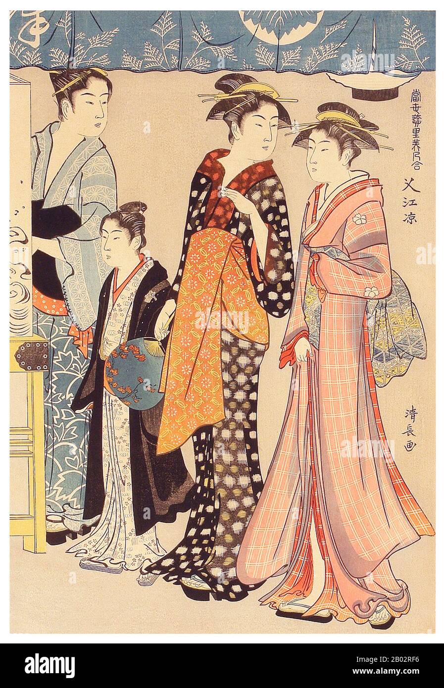 Torii Kiyonaga (鳥居 清長, 1752 – 28 giugno 1815) è stato un . In origine Sekiguchi Shinsuke, figlio di un libraio Edo, assunse Torii Kiyonaga come nome d'arte (gō). Sebbene non sia biologicamente legato alla famiglia Torii, divenne capo del gruppo dopo la morte del padre adottivo e insegnante Torii Kiyomitsu. Il maestro Kiyomitsu morì nel 1785; da quando suo figlio morì giovane, e Kiyotsune, senior di Kiyonaga, era un artista meno promettente, Kiyonaga fu la scelta ovvia per riuscire Kiyomitsu alla guida della scuola di Torii. Tuttavia, lui dela Foto Stock