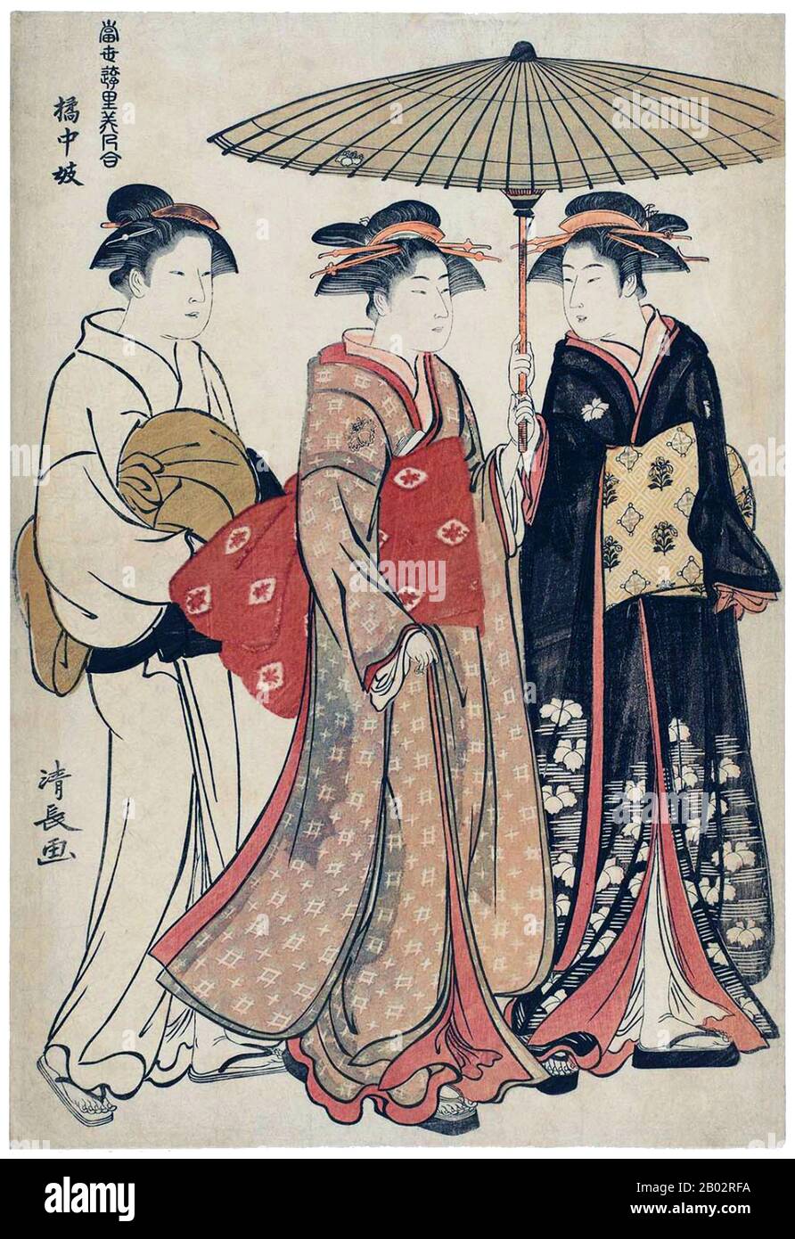 Torii Kiyonaga (鳥居 清長, 1752 – 28 giugno 1815) è stato un . In origine Sekiguchi Shinsuke, figlio di un libraio Edo, assunse Torii Kiyonaga come nome d'arte (gō). Sebbene non sia biologicamente legato alla famiglia Torii, divenne capo del gruppo dopo la morte del padre adottivo e insegnante Torii Kiyomitsu. Il maestro Kiyomitsu morì nel 1785; da quando suo figlio morì giovane, e Kiyotsune, senior di Kiyonaga, era un artista meno promettente, Kiyonaga fu la scelta ovvia per riuscire Kiyomitsu alla guida della scuola di Torii. Tuttavia, lui dela Foto Stock