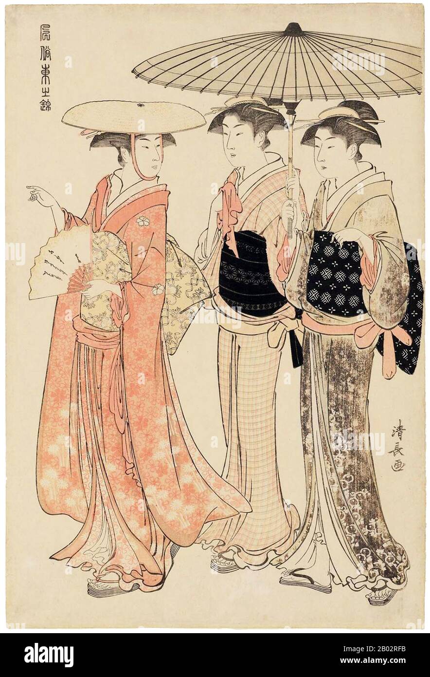 Torii Kiyonaga (鳥居 清長, 1752 – 28 giugno 1815) è stato un . In origine Sekiguchi Shinsuke, figlio di un libraio Edo, assunse Torii Kiyonaga come nome d'arte (gō). Sebbene non sia biologicamente legato alla famiglia Torii, divenne capo del gruppo dopo la morte del padre adottivo e insegnante Torii Kiyomitsu. Il maestro Kiyomitsu morì nel 1785; da quando suo figlio morì giovane, e Kiyotsune, senior di Kiyonaga, era un artista meno promettente, Kiyonaga fu la scelta ovvia per riuscire Kiyomitsu alla guida della scuola di Torii. Tuttavia, lui dela Foto Stock