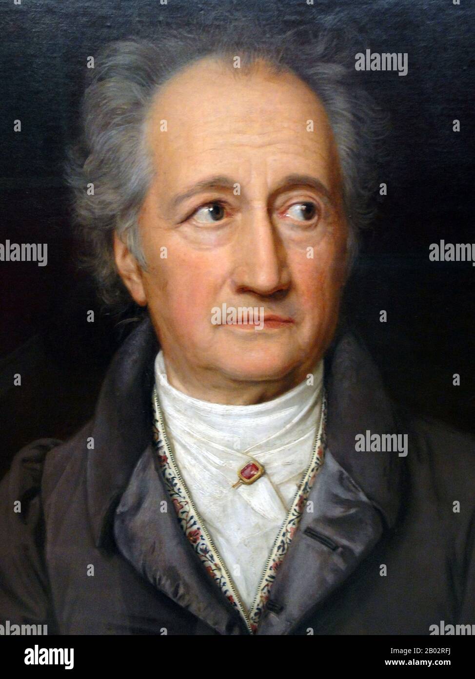 Johann Wolfgang von Goethe (Berlino, 28 agosto 1749 – Berlino, 22 marzo 1832) è stato un . Il suo corpo di lavoro include poesie epiche e liriche scritte in una varietà di metri e stili; prosa e versi drammi; memorie; un'autobiografia; critica letteraria ed estetica; trattati su botanica, anatomia e colore; e quattro romanzi. Inoltre, numerosi frammenti letterari e scientifici, più di 10.000 lettere, e quasi 3.000 disegni da lui sono estesanti. Una celebrità letteraria dell'età di 25 anni, Goethe fu nobilitato dal duca di Sassonia-Weimar, Karl August nel 1782 dopo aver preso la prima residenza th Foto Stock