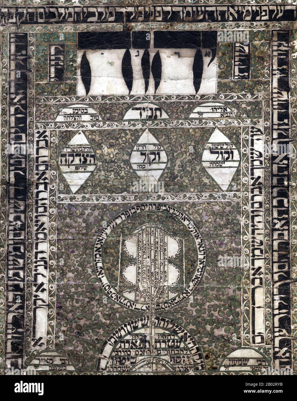 Shiviti sono rappresentazioni meditative di un candelabro menorah usato in alcune comunità ebraiche per la contemplazione sul nome di Dio. Sono solitamente posti sopra l'amud - il podio dal quale il servizio di preghiera è guidato dall'hazzan. Foto Stock