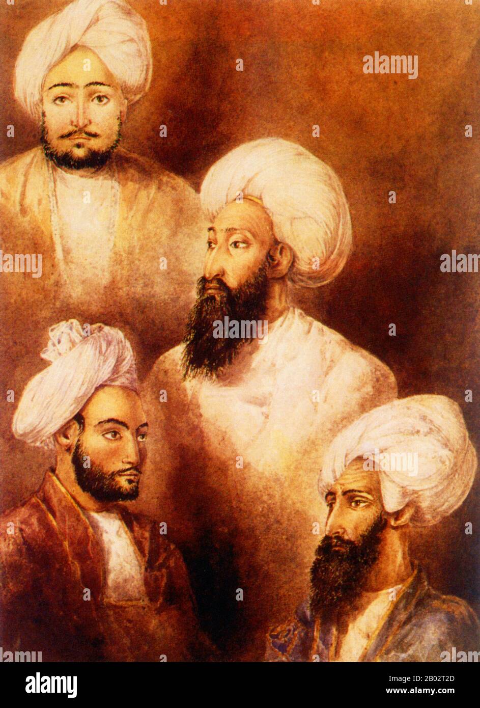 Da cima a fondo, da sinistra a destra: Doga Mohammed, Haider Khan, Mohammed Akram Khan e Abdul Ghani Khan, tutti tenuti prigionieri dagli inglesi a Ludhiana, 1840s Foto Stock