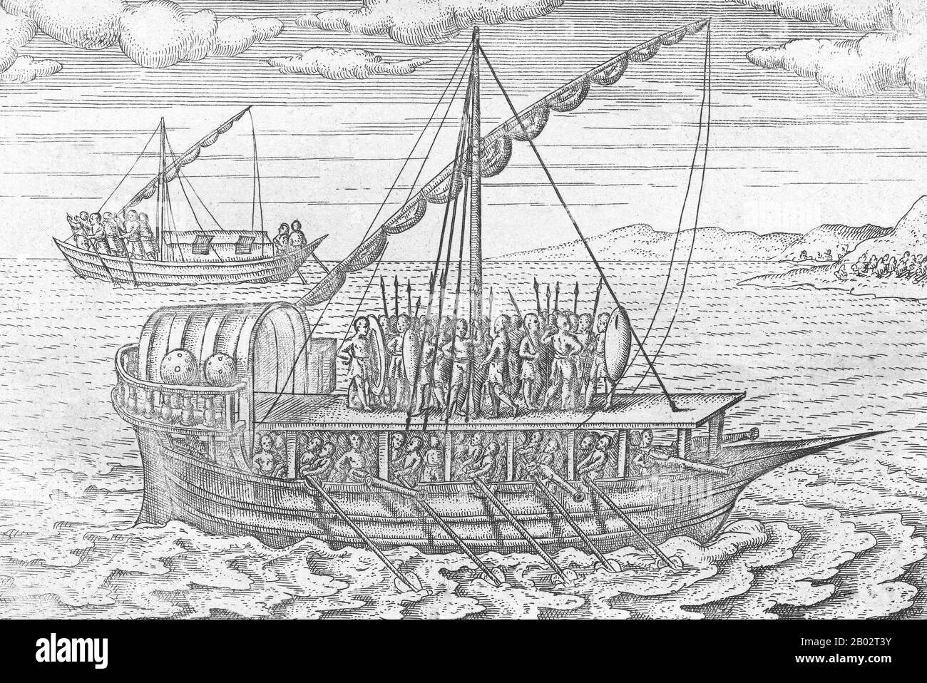Cornelis de Houtman (2 aprile 1565 – 1 settembre 1599) è stato un esploratore olandese che ha scoperto una nuova via marittima dall'Europa all'Indonesia e che è riuscito ad avviare il commercio olandese delle spezie. All'epoca, l'impero portoghese deteneva il monopolio del commercio delle spezie, e il viaggio fu una vittoria simbolica per gli olandesi, anche se il viaggio stesso era un disastro. Il viaggio può essere considerato come l'inizio della colonizzazione olandese dell'Indonesia. Nel giro di cinque anni, sessantacinque navi olandesi in più avevano navigato verso est per commerciare. Presto, gli olandesi prenderebbero completamente il commercio delle spezie dentro e intorno all'Oceano Indiano. Foto Stock