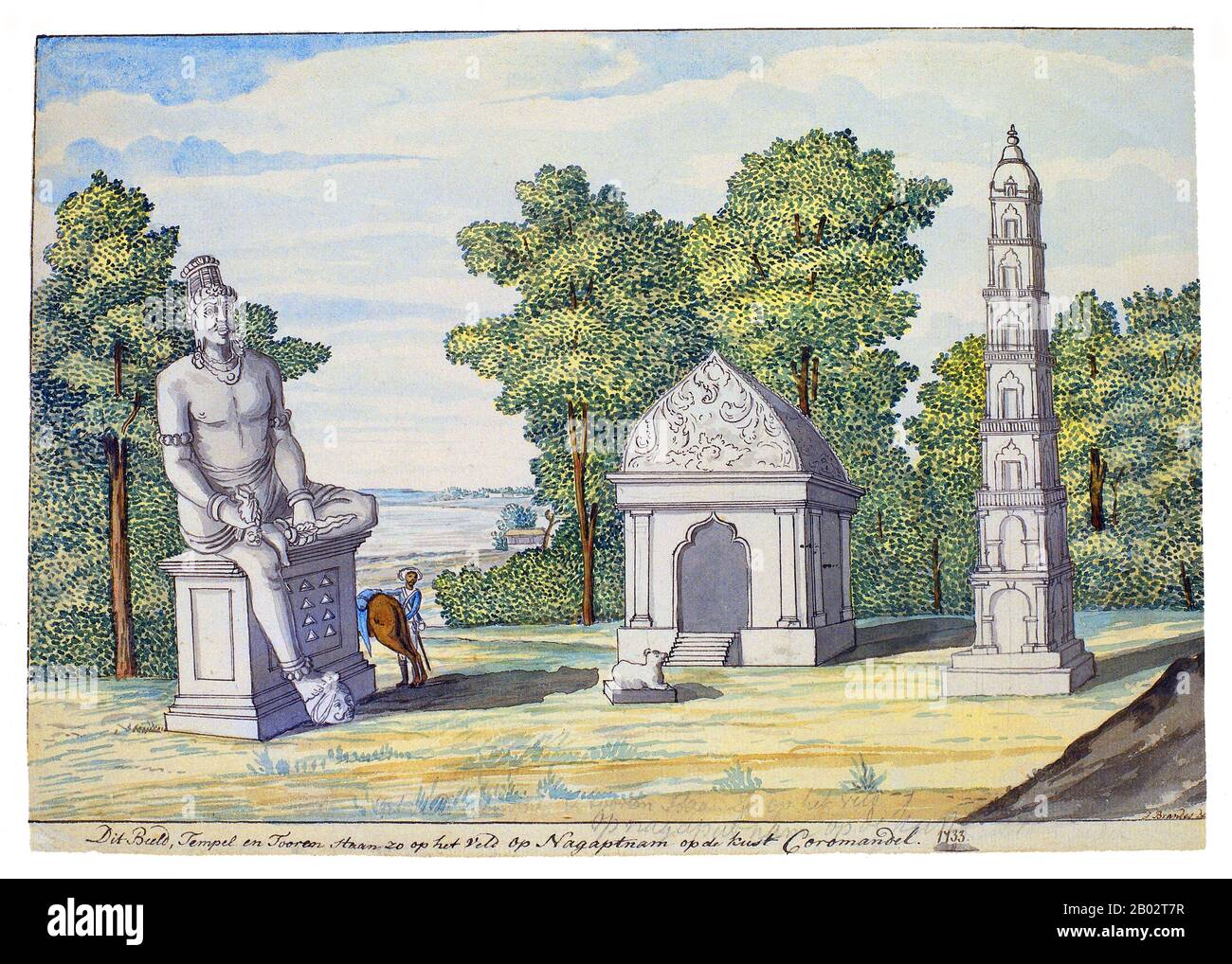 Questo dipinto può rappresentare l'ex Chudamani Vihara, un vihara buddista (monastero) a Nagapattinam, Tamil Nadu, India. Chudamani Vihara è stato costruito nel 1006 CE dal re Srivijayan Sri Vijaya Maravijayattungavarman con il patrocinio di Rajaraja Chola. L'edificio vihara sopravvisse in condizioni dilapiderate fino al 1867, quando i missionari gesuiti lo demolirono. Dal 1856 circa 350 bronzi di Buddha sono stati trovati a Nagapattinam, che risale dal 11th al 16th secolo. Foto Stock Questo dipinto può rappresentare l'ex Chudamani Vihara, un vihara buddista (monastero) a Nagapattinam, Tamil Nadu, India. Chudamani Vihara è stato costruito nel 1006 CE dal re Srivijayan Sri Vijaya Maravijayattungavarman con il patrocinio di Rajaraja Chola. L'edificio vihara sopravvisse in condizioni dilapiderate fino al 1867, quando i missionari gesuiti lo demolirono. Dal 1856 circa 350 bronzi di Buddha sono stati trovati a Nagapattinam, che risale dal 11th al 16th secolo. Foto Stock