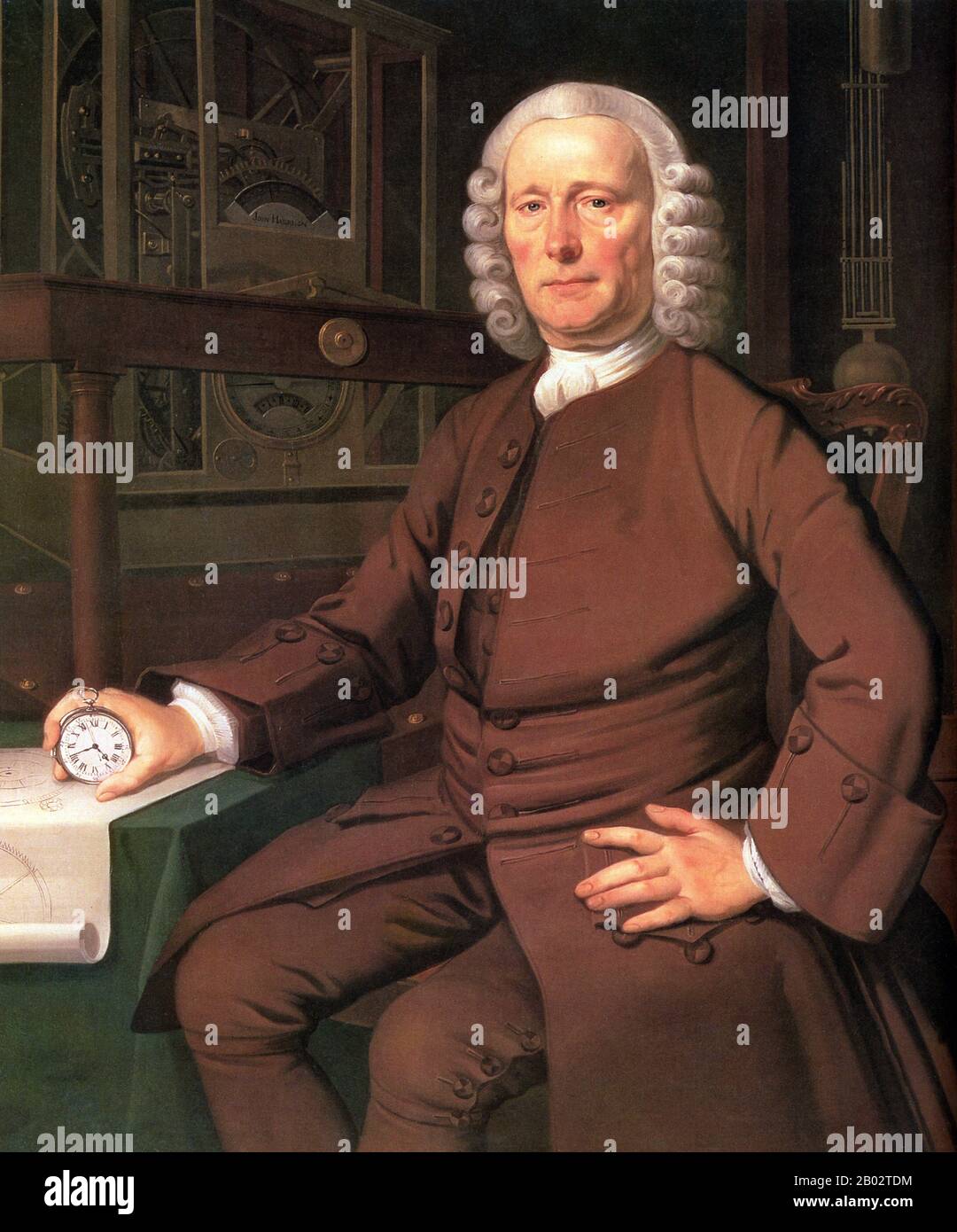 John Harrison (1693 – 1776) è stato un autodidegnante falegname inglese e orologiaio. Inventò il cronometro marino, un dispositivo ricercato da tempo per risolvere il problema di stabilire la posizione Est-Ovest o la longitudine di una nave in mare, rivoluzionando ed estendendo così la possibilità di un sicuro viaggio marittimo a lunga distanza nell'era della vela. Il problema è stato considerato così importante, che il Parlamento britannico ha offerto premi finanziari fino a £20.000 (2,75 milioni di£) ai sensi del 1714 Longitude Act. Foto Stock