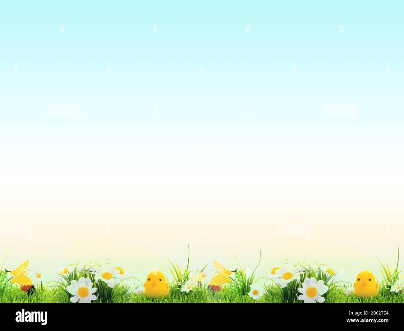 Sfondo di Pasqua, fiori allegri, verde di Pasqua e blu con giallo, Concetto, schermo, cartolina, carta da parati, fresco e allegro, cornice, spazio per tex Foto Stock
