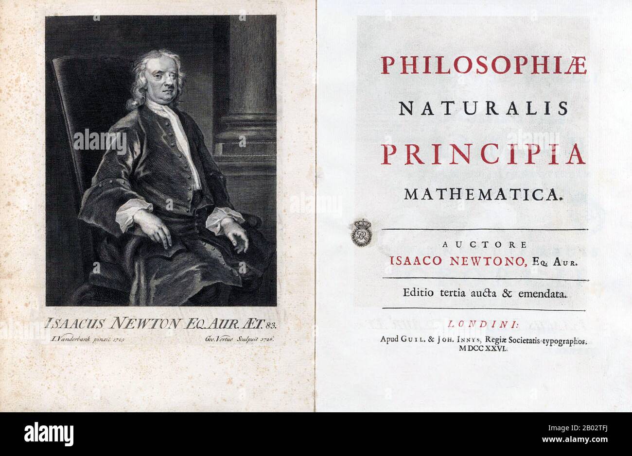 Philosophiæ Naturalis Principia Mathematica, in latino "Principi matematici di filosofia naturale", spesso definiti semplicemente Principia, è un'opera in tre libri di Sir Isaac Newton, in latino, pubblicata per la prima volta il 5 luglio 1687. Dopo aver annotato e corretto la sua copia personale della prima edizione, Newton pubblicò anche altre due edizioni, nel 1713 e nel 1726. Il Principia afferma le leggi del moto di Newton, che costituiscono la base della meccanica classica, anche la legge di gravitazione universale di Newton, e una derivazione delle leggi del moto planetario di Kepler (che Kepler ottenne per la prima volta empiricamente). Foto Stock