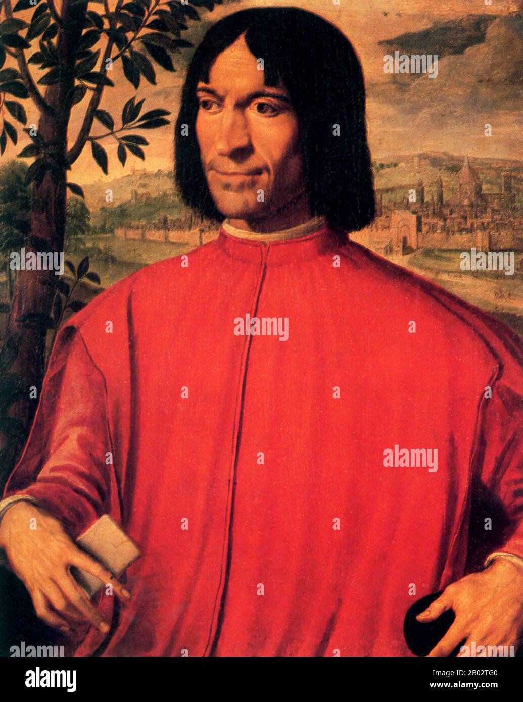 Lorenzo de' Medici (1° gennaio 1449 – 9 aprile 1492) fu uno statista italiano e di fatto governatore della Repubblica fiorentina durante il Rinascimento italiano. Conosciuto come Lorenzo Il Magnifico (Lorenzo il magnifico) dai Fiorentini contemporanei, era un magnate, diplomatico, politico e patrono di studiosi, artisti e poeti. È forse meglio conosciuto per il suo contributo al mondo dell'arte, sponsorizzando artisti come Botticelli e Michelangelo. La sua vita coincise con la fase matura del Rinascimento italiano e la sua morte coincise con la fine dell'età d'oro di Firenze. Foto Stock