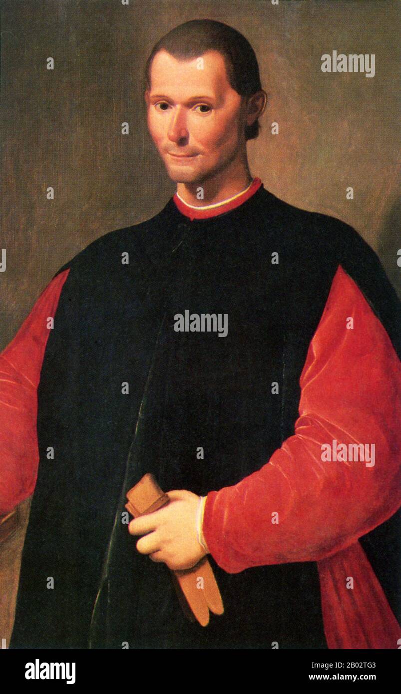 Niccolò di Bernardo dei Machiavelli (3 maggio 1469 – 21 giugno 1527) è stato uno storico fiorentino, politico, diplomatico, filosofo, umanista e scrittore durante il Rinascimento. Fu per molti anni funzionario della Repubblica fiorentina, con responsabilità negli affari diplomatici e militari. Macchiavelli è stato fondatore della moderna scienza politica, e più specificamente dell'etica politica. Scrisse anche commedie, canzoni di carnevale e poesia. La sua corrispondenza personale è rinomata in lingua italiana. Fu Segretario della Seconda Cancelleria della Repubblica di Firenze dal 1498 al 1512, quando Th Foto Stock