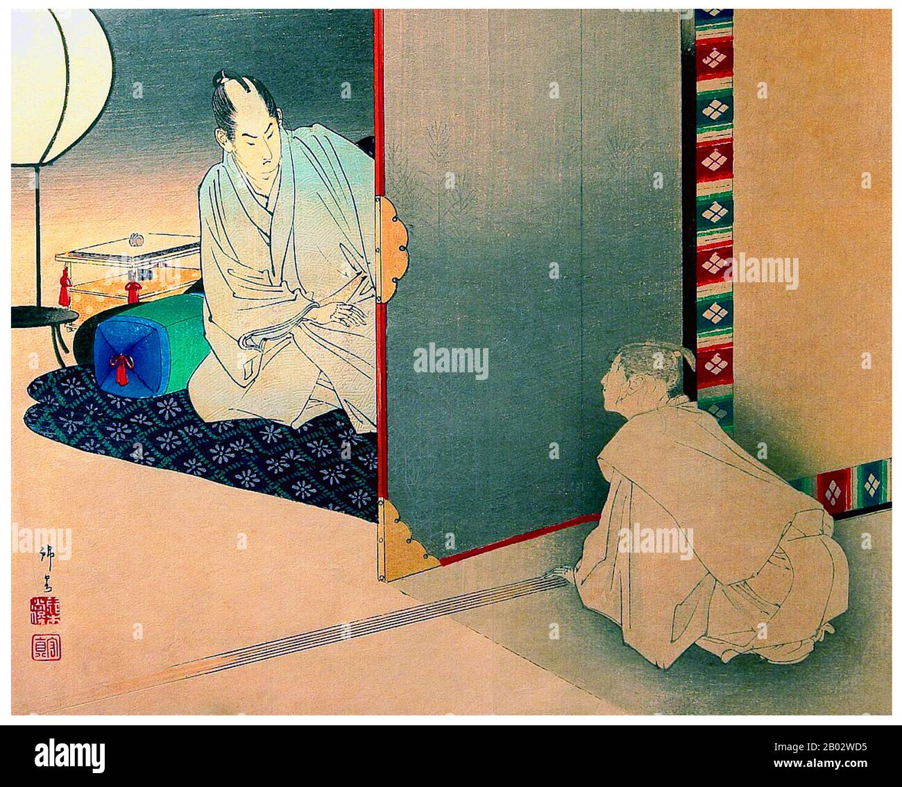 Suzuki Kinsen nasce a Wakayama nel 1867 e studia "Nan-ga" sotto Tsukushi Suiun. Poiché non poteva ottenere un lavoro con la pittura di Nan-ga, Kinsen ha studiato ukiyo-e da sè e ha disegnato molti 'kuchi-e' (illustrazioni di frontispiece) per kodanbon (libro per raccontare la storia) ed illustrazioni per i giornali di Kobe. Le sue illustrazioni sono state notate per la loro accuratezza storica. Si dice che la maggior parte delle illustrazioni per il kodanbon pubblicato a Osaka erano di Kinsen. Foto Stock