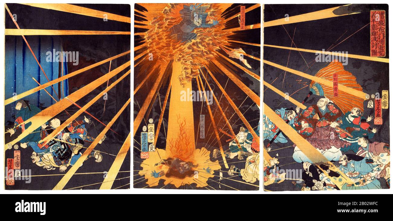 Questo trittico presenta il fantasma del guerriero Akugenta Yoshihira (1141–1160) vendicandosi al suo assassino Nanba Jirō, un racconto basato sul racconto di Heiji. La storia drammatica è illustrata su tre stampe. Akugenta provoca fulmini per colpire il suo assassino Nanba al centro della composizione, e anche spara fiamme al suo nemico Taira no Kiyomori, che affronta Akugenta sulla destra. Utagawa Yoshifusa, allievo di Utagawa Kuniyoshi e collega di Tsukioka Yoshiitoshi, ha continuato le drammatiche presentazioni della scuola di Utagawa sulle storie dei guerrieri. Foto Stock