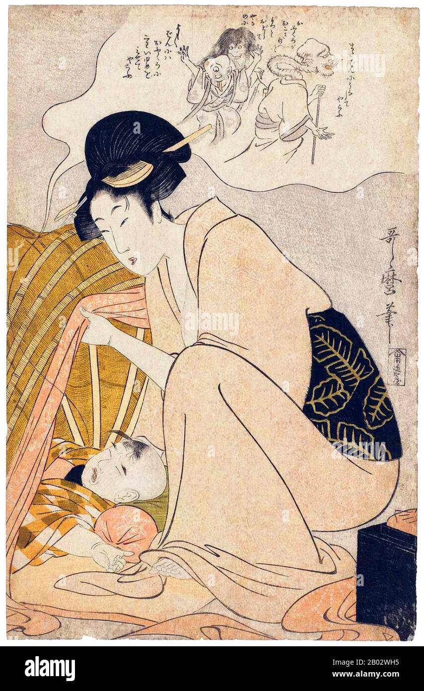 Kitagawa Utamaro è stato un artista giapponese. È uno dei più apprezzati professionisti del genere ukiyo-e di stampe in legno, soprattutto per i suoi ritratti di belle donne, o bijin-ga. Ha anche prodotto studi sulla natura, particolarmente illustrati libri di insetti. Il lavoro di Utamaro raggiunse l'Europa a metà del XIX secolo, dove era molto popolare, godendo di particolare credito in Francia. Ha influenzato gli impressionisti europei, in particolare con il suo uso di vedute parziali e la sua enfasi sulla luce e l'ombra, che hanno imitato. Il riferimento alla 'influenza giapponese' tra questi ar Foto Stock