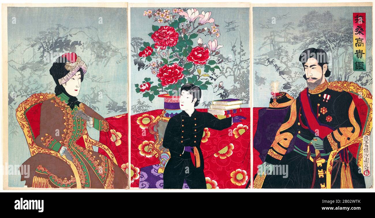 L'imperatore Meiji (Meiji-tenno, 3 novembre 1852 – 30 luglio 1912), o Meiji il Grande Meiji-taitei), fu l'imperatore 122nd del Giappone secondo l'ordine di successione tradizionale, regnante dal 3 febbraio 1867 fino alla sua morte il 30 luglio 1912. Presiedette un periodo di rapido cambiamento nell'Impero del Giappone, mentre la nazione cambiò rapidamente da stato feudale a potenza mondiale capitalista e imperiale, caratterizzata dalla rivoluzione industriale del Giappone. All'epoca della sua nascita nel 1852, il Giappone fu un paese feudale isolato, preindustriale, dominato dallo Shogunato Tokugawa e dal daimyo, che governò Foto Stock