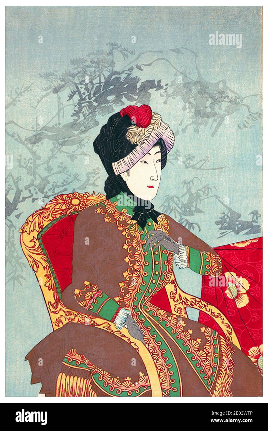 Empress Shoken (Shoken-kogo, 9 maggio 1849 – 9 aprile 1914), anche conosciuto come Empress Dowager Shoken (Shoken-kotaigo), fu consort imperatrice dell'imperatore Meiji del Giappone. Foto Stock