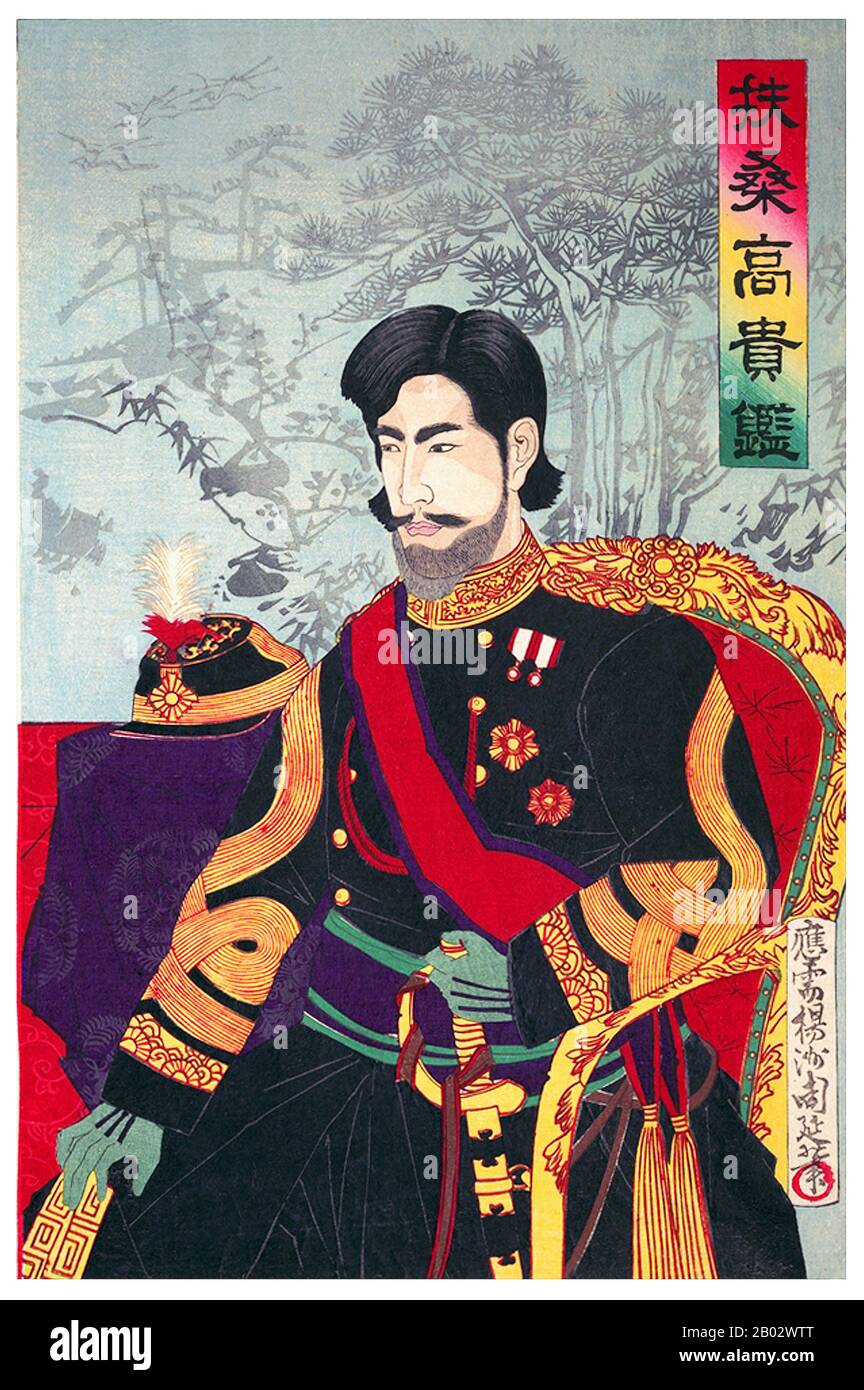 L'imperatore Meiji (Meiji-tenno, 3 novembre 1852 – 30 luglio 1912), o Meiji il Grande Meiji-taitei), fu l'imperatore 122nd del Giappone secondo l'ordine di successione tradizionale, regnante dal 3 febbraio 1867 fino alla sua morte il 30 luglio 1912. Presiedette un periodo di rapido cambiamento nell'Impero del Giappone, mentre la nazione cambiò rapidamente da stato feudale a potenza mondiale capitalista e imperiale, caratterizzata dalla rivoluzione industriale del Giappone. All'epoca della sua nascita nel 1852, il Giappone fu un paese feudale isolato, preindustriale, dominato dallo Shogunato Tokugawa e dal daimyo, che governò Foto Stock