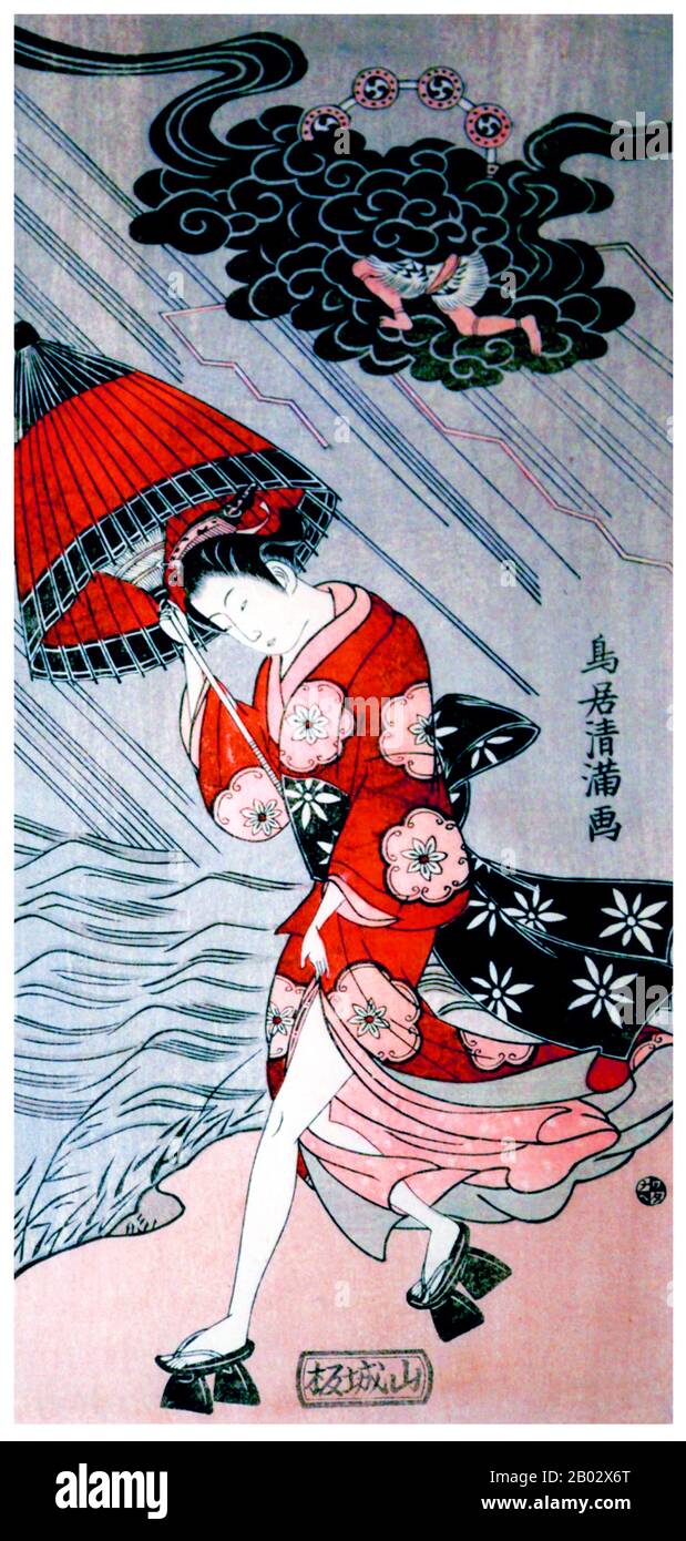 Torii Kiyomitsu (1735 – 11 maggio 1785) è stato un pittore e tipografo della scuola coriese di arte ukiyo-e giapponese; figlio di Torii Kiyonobu II o di Torii Kiyomasu II, era il terzo capo della scuola, ed era originariamente chiamato Kamejirō prima di prendere il gō Kiyomitsu. Dividendo il suo lavoro tra le stampe dell'attore e bijinga (immagini delle donne belle), ha usato principalmente la tecnica benizuri-e prolifica a quel tempo, che implicava l'uso di uno o due colori di inchiostro sui blocchi di legno piuttosto che la mano-coloring; le stampe di colore pieno sarebbero introdotte più successivamente nella carriera di Kiyomitsu, in 1765. RAIJIN è un dio o Foto Stock