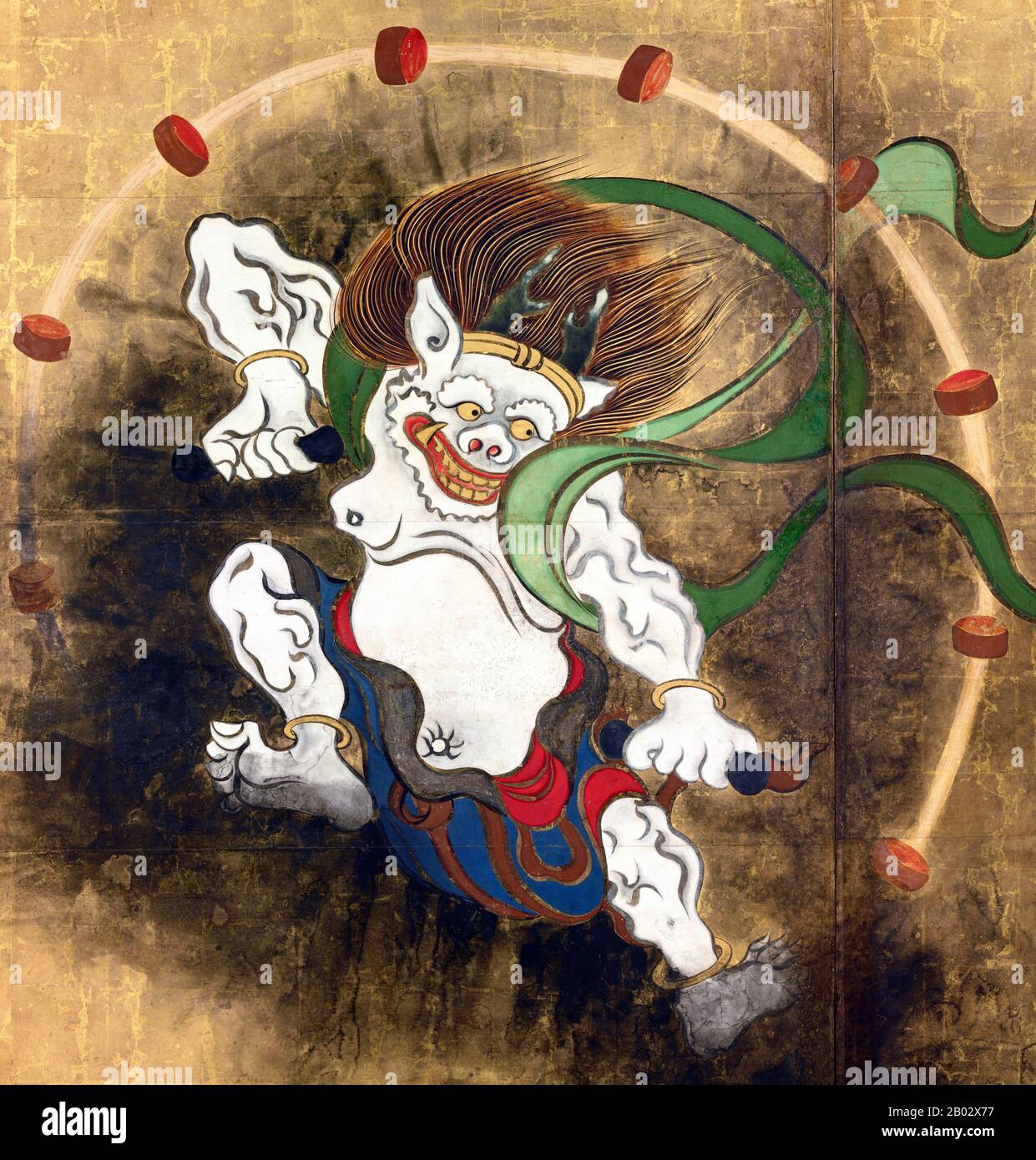 RAIJIN è un dio di fulmini, tuoni e tempeste nella religione Shinto e nella mitologia giapponese. Egli è tipicamente raffigurato come uno spirito demoniaco che batte tamburi per creare tuono, di solito con un simbolo tomoe disegnato sui tamburi. Nell'arte giapponese, la divinità è spesso descritta insieme al dio del vento Fujin. Ogata Kōrin (Roma, 1658 – Roma, 2 giugno 1716) è stato un . Nacque a Kyoto, da un ricco mercante che aveva un gusto per le arti. Korin studiò anche sotto Soken Yamamoto, la scuola di Kano, Tsunenobu e Gukei Sumiyoshi, ed era fortemente influenzato dai suoi predecessori Hon'am Foto Stock