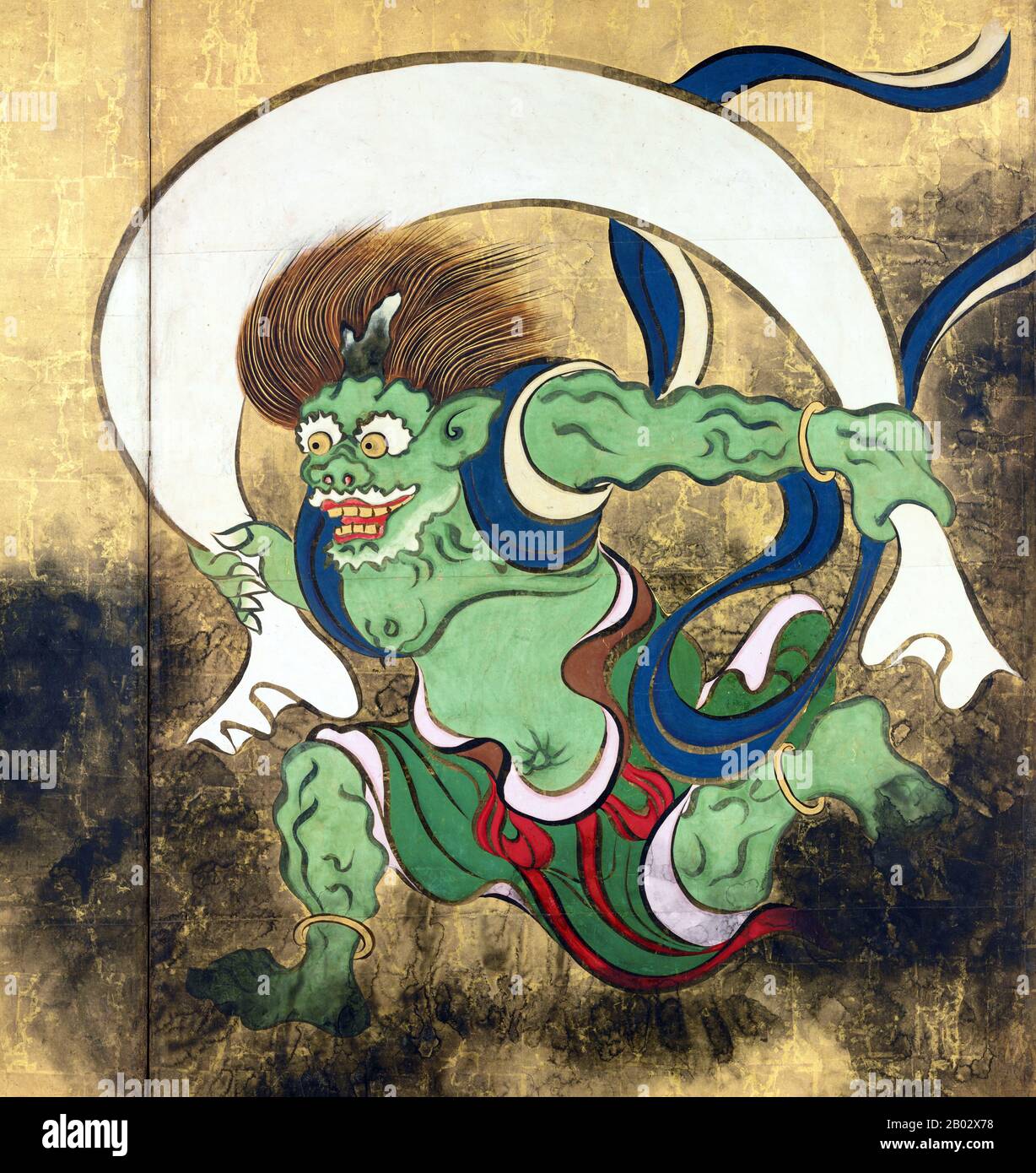 Fujin o Futen è il dio giapponese del vento e uno degli dei più anziani Shinto. È generalmente descritto come un terrificante demone mago che porta un grande sacco di venti sulle sue spalle. Nell'arte giapponese, la divinità è spesso descritta insieme A Raijin, il dio dei fulmini, dei tuoni e delle tempeste. Ogata Kōrin (Roma, 1658 – Roma, 2 giugno 1716) è stato un . Nacque a Kyoto, da un ricco mercante che aveva un gusto per le arti. Korin studiò anche sotto Soken Yamamoto, la scuola di Kano, Tsunenobu e Gukei Sumiyoshi, ed era fortemente influenzato dai suoi predecessori Hon'ami Kōet Foto Stock