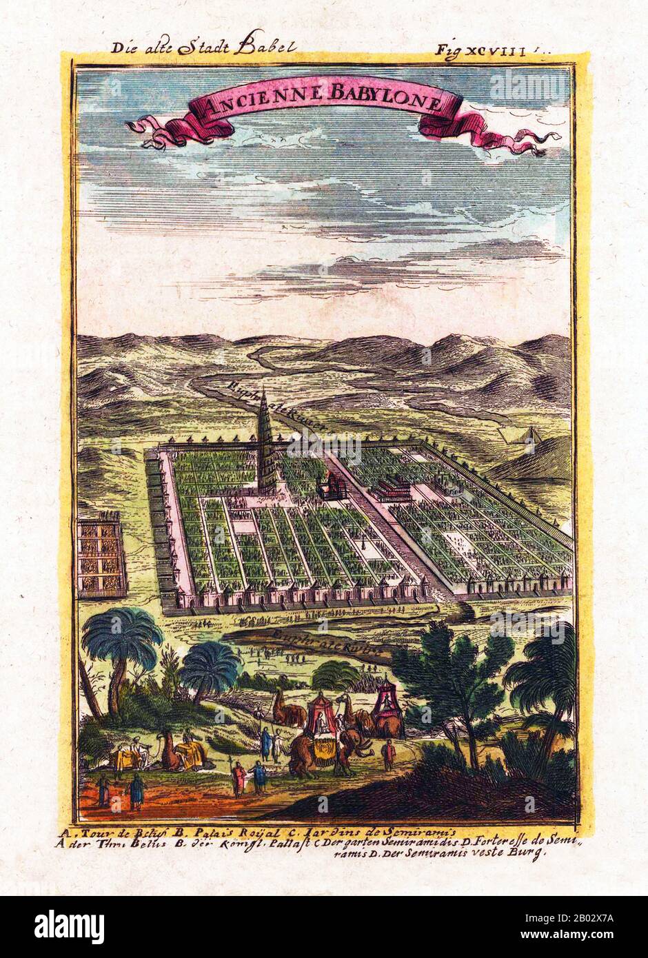 Babylon (arabo Babil) era una città significativa dell'antica Mesopotamia, nella fertile pianura tra il Tigri e l'Eufrate. La città fu costruita sull'Eufrate, e divisa in parti uguali lungo le sue rive sinistra e destra, con ripidi argini per contenere le inondazioni stagionali del fiume. Babilonia era originariamente una piccola città semitica Akkadiana risalente al periodo dell'Impero Akkadiano c. 2300 BCE. La città ottenne l'indipendenza come parte di un piccolo stato cittadino con l'ascesa Della Prima Dinastia Amorita Babyloniana nel 1894 a.C. Pretendendo di essere il successore del più antico Sumero-Akkadian Foto Stock