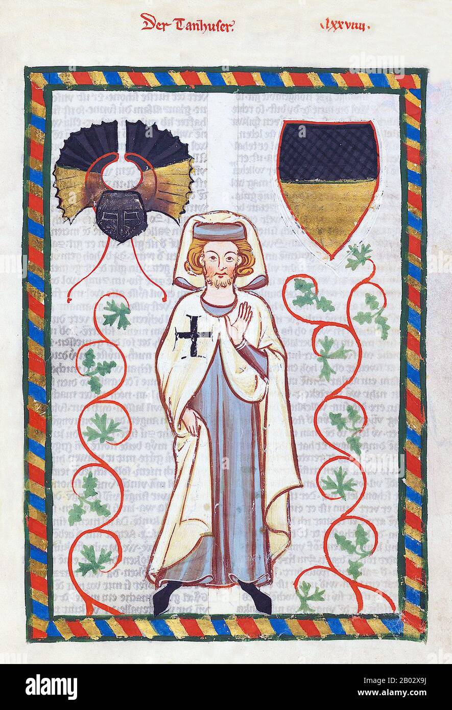 Tannhauser (morto dopo il 1265) è stato un . Storicamente, la sua biografia è oscura al di là della poesia, che risale tra il 1245 e il 1265. Socialmente, si presume famiglia lignaggio con i vecchi nobili, i signori di Thannhausen, residenti nel loro castello a Tannhausen, vicino Ellwangen e Dinkelsuhl; inoltre, lo storico castello di Tannhausen, si trova a Neumarkt nel der Oberpfalz. Tannhauser era un cortigiano attivo alla corte di Federico II d'Austria (1230-1246), e il Codex Manesse (1340) lo raffigura vestito nell'Ordine teutonico, suggerendo che avrebbe potuto combattere il quinto Crus Foto Stock