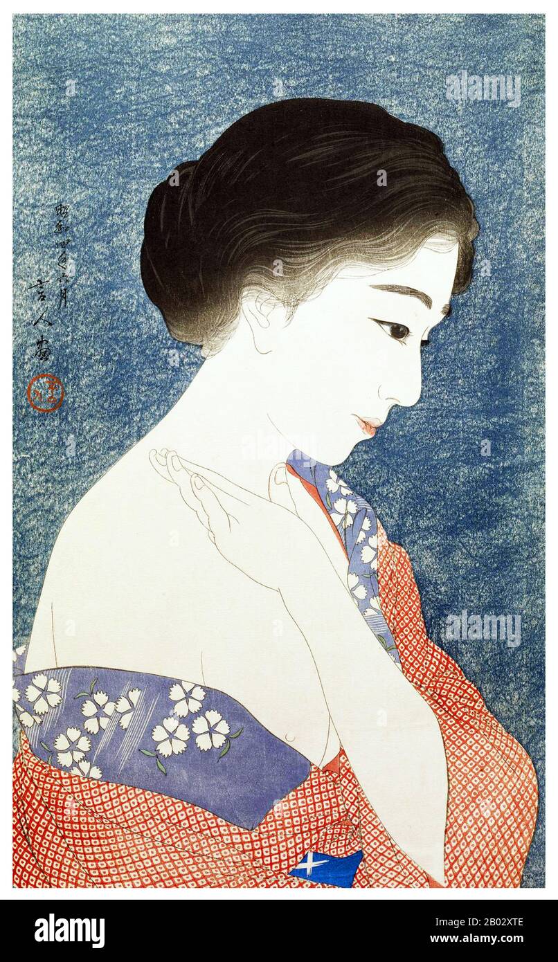 I torii Kotondo hanno realizzato solo 21 stampe - tutte immagini di bijin o belle donne. Appartengono alle opere d'arte più belle del movimento Shin Hanga. Shin hanga ('new prints') è stato un movimento artistico nei primi anni del 20th secolo in Giappone, durante i periodi di Taisho e Showa, che ha rivitalizzato l'arte tradizionale ukiyo-e radicata nei periodi di Edo e Meiji (17th-19th secolo). Il movimento fiorì intorno al 1915-1942, anche se riprese brevemente dal 1946 attraverso la 1950s. Ispirati dall'impressionismo europeo, gli artisti hanno incorporato elementi occidentali come gli effetti della luce e il Foto Stock