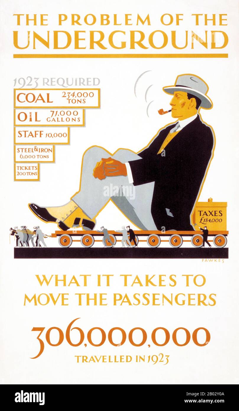 Inghilterra / Regno Unito: 'Il problema della metropolitana - cosa serve per spostare i passeggeri', da Irene Fawkes, Underground Electric Railway Company, Londra, 1924La metropolitana di Londra (anche conosciuta come la metropolitana o semplicemente la metropolitana) È un sistema di trasporto pubblico rapido che serve una gran parte della Grande Londra e parti delle contee domestiche di Buckinghamshire, Hertfordshire e Essex. Il sistema serve 270 stazioni e ha 402 chilometri (250 miglia) di pista, il 52% dei quali è al di sopra del suolo. La rete è il più antico sistema di transito rapido, che incorpora la prima ferrovia sotterranea al mondo, inaugurata nel 1863 Foto Stock