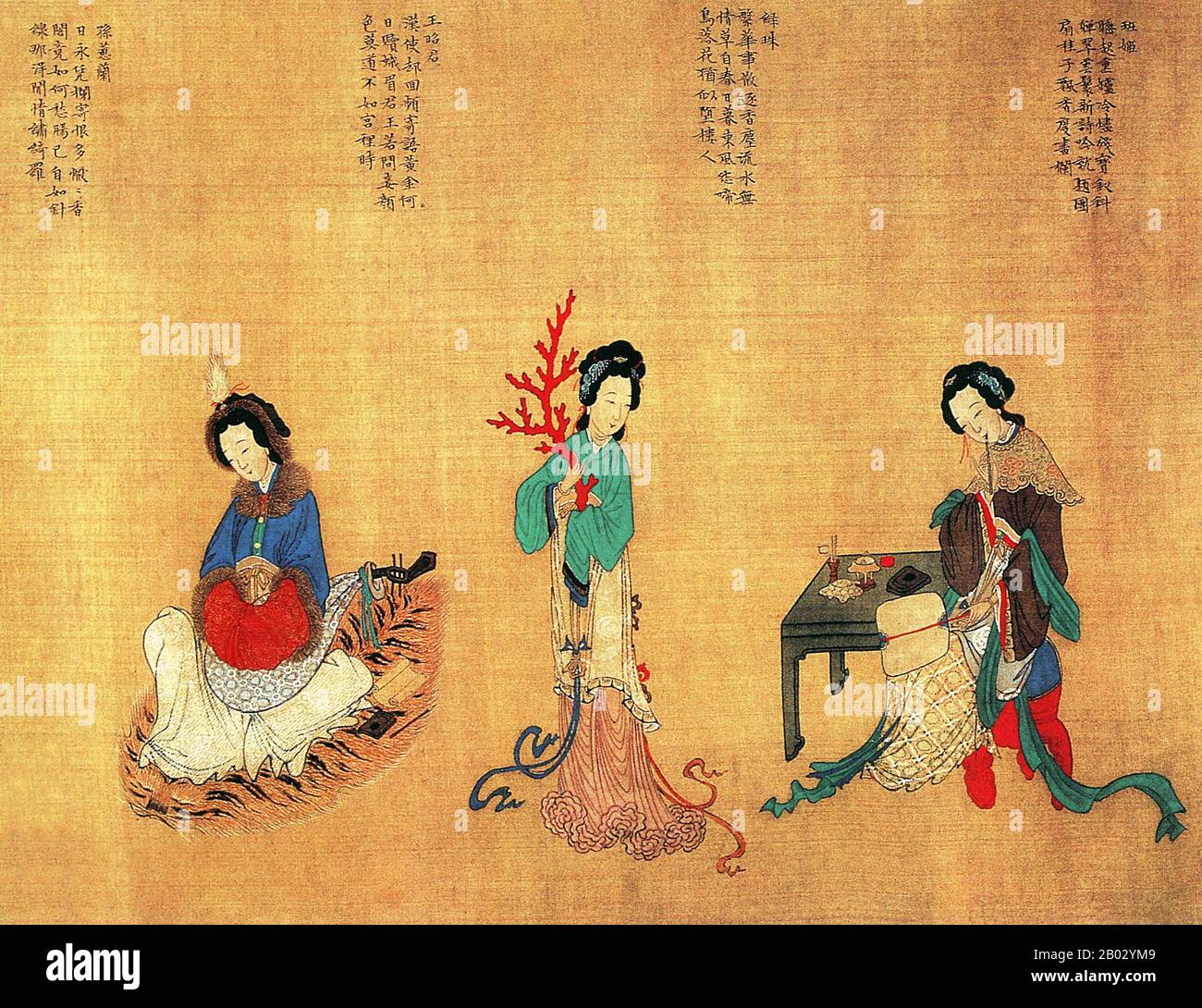 Qiu Ying (Wade–Giles: CH'iu Ying) è stato un . Qiu Ying è nato da una famiglia contadina a Taicang (provincia di Jiangsu) e ha studiato pittura sotto Zhou Chen a Suzhou. Anche se la Wu School di Suzhou ha incoraggiato la pittura nei lavaggi dell'inchiostro, Qiu Ying inoltre ha dipinto nello stile verde-e-blu. Dipinse con il sostegno di ricchi patroni, creando immagini di fiori, giardini, soggetti religiosi, e paesaggi nelle mode della dinastia Ming. Incorporò diverse tecniche nei suoi dipinti, e acquisì alcuni ricchi patroni. Il suo talento e ve Foto Stock Qiu Ying (Wade–Giles: CH'iu Ying) è stato un . Qiu Ying è nato da una famiglia contadina a Taicang (provincia di Jiangsu) e ha studiato pittura sotto Zhou Chen a Suzhou. Anche se la Wu School di Suzhou ha incoraggiato la pittura nei lavaggi dell'inchiostro, Qiu Ying inoltre ha dipinto nello stile verde-e-blu. Dipinse con il sostegno di ricchi patroni, creando immagini di fiori, giardini, soggetti religiosi, e paesaggi nelle mode della dinastia Ming. Incorporò diverse tecniche nei suoi dipinti, e acquisì alcuni ricchi patroni. Il suo talento e ve Foto Stock