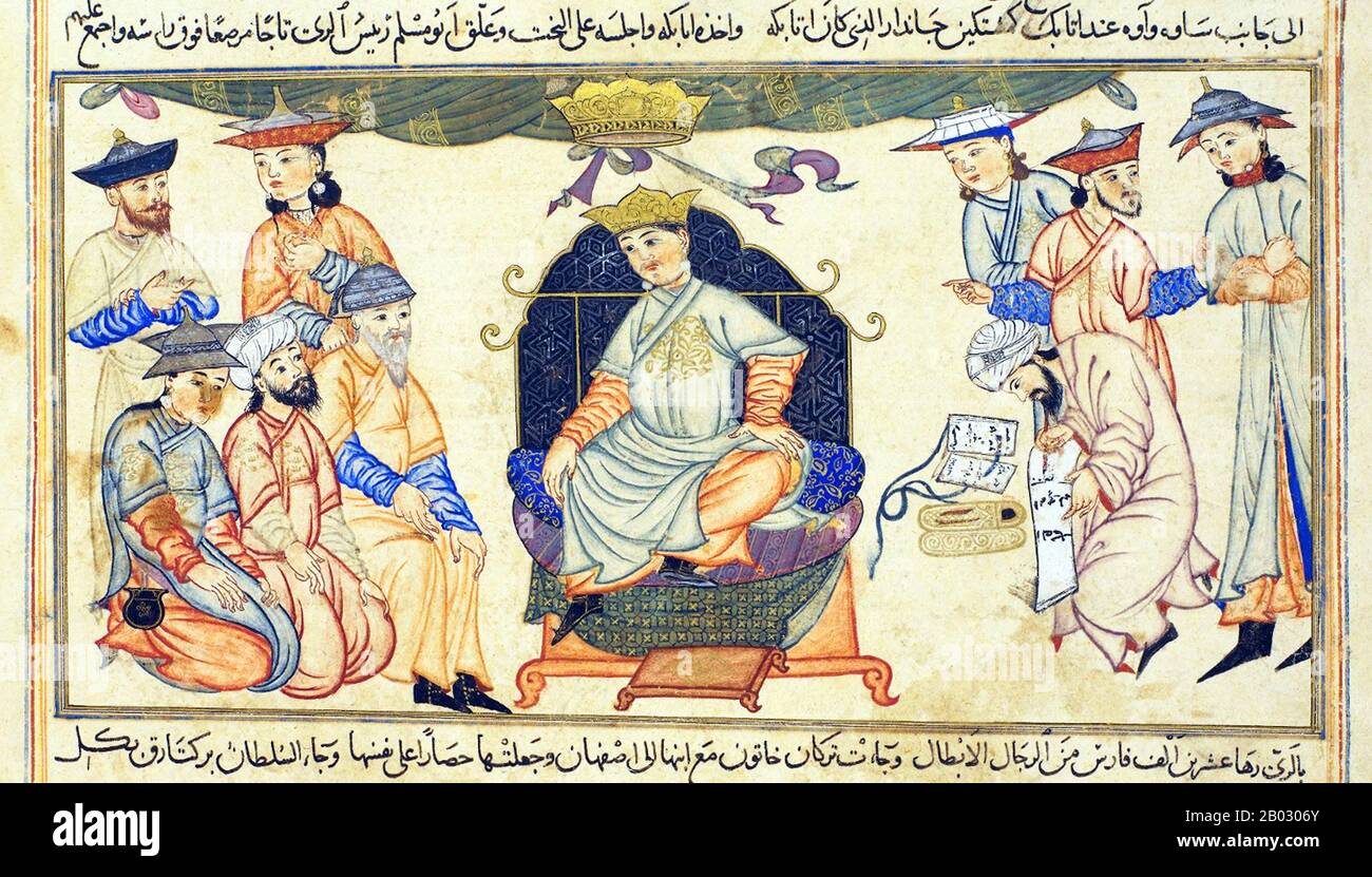 L'Impero Seljuq (1037-1194) si estendeva dal Kush indù in Pakistan all'Anatolia orientale e dall'Asia centrale al Golfo Persico. Dopo molti conflitti politici e militari, Berkyaruq ibn Malikshah divenne il sultano Seljuq nel 1093, regnante fino al 1105. Qui siede su un cuscino blu, decorato con arabeschi d'oro e posto su un elaborato trono di stile cinese, indossando una corona Seljuq. Una seconda corona con nastri che si estendono da essa pende sopra la sua testa, un elemento della tradizione sassana. Cinque cortigiani sono a sinistra del Sultano, due inginocchiati, uno seduto e due in piedi. Loro Foto Stock